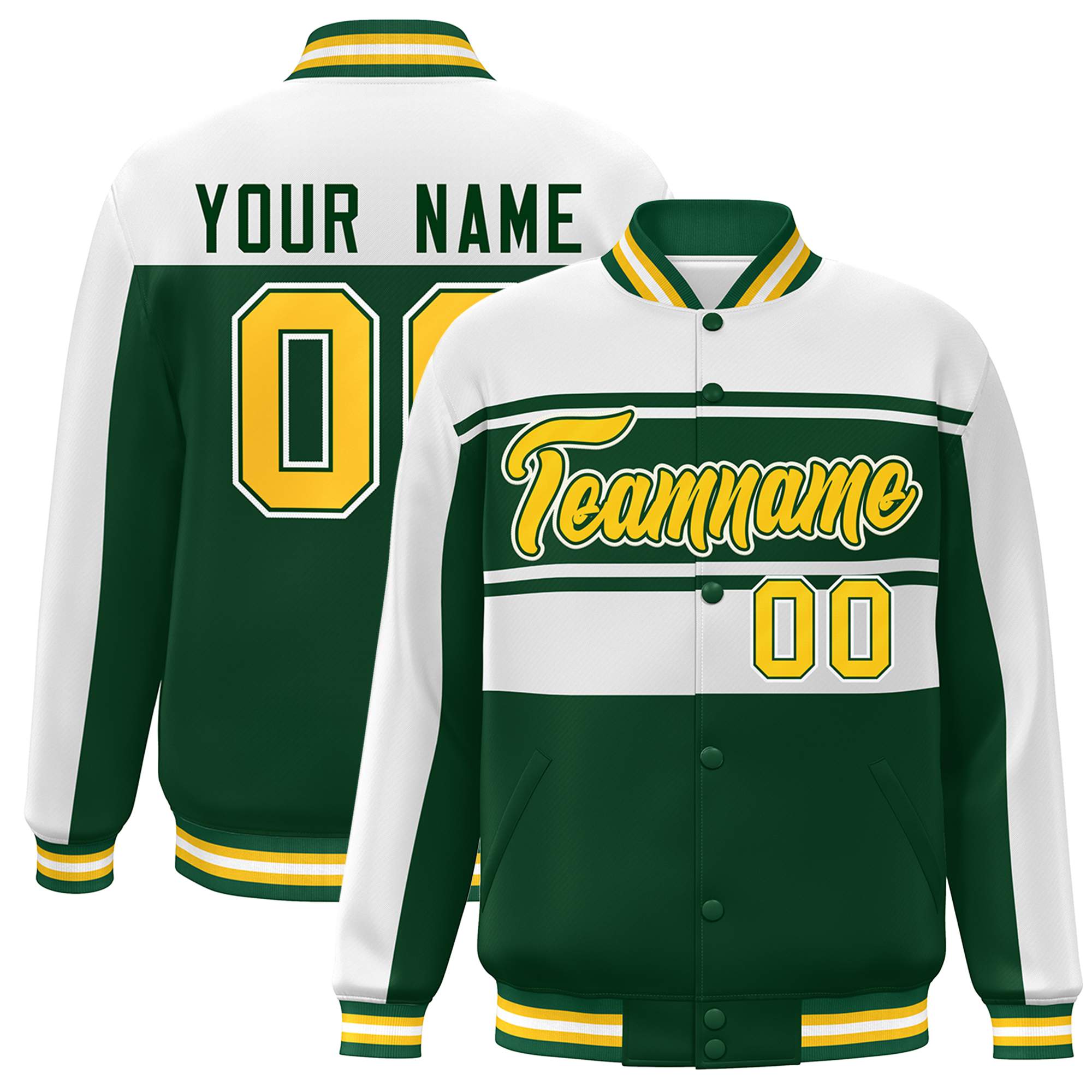 Custom White Green-Gold Color Block Varsity Full-Snap Bomber Jacket