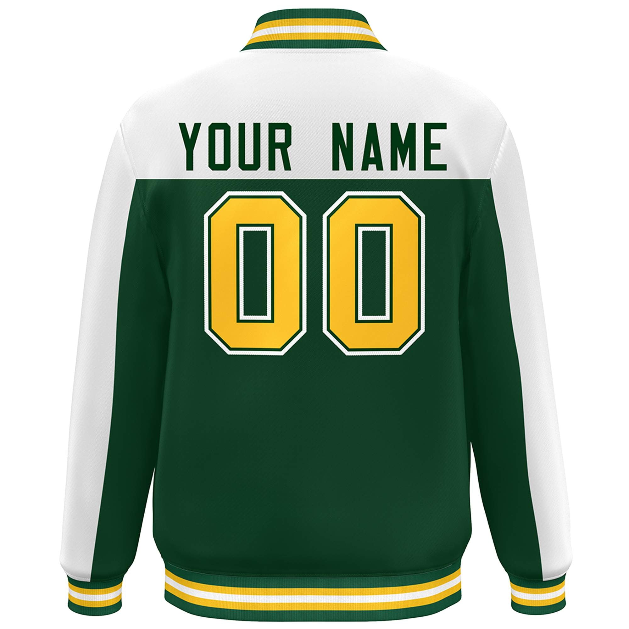 Custom White Green-Gold Color Block Varsity Full-Snap Bomber Jacket