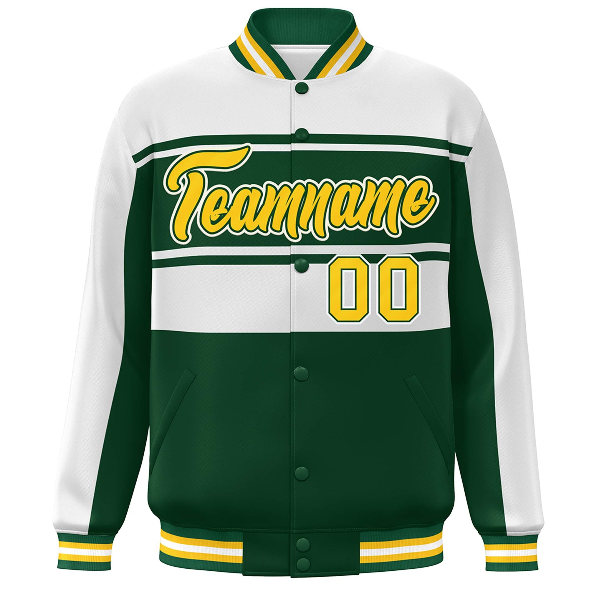 Custom White Green-Gold Color Block Varsity Full-Snap Bomber Jacket