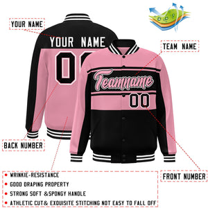 Custom Pink Black Color Block Varsity Full-Snap Bomber Jacket