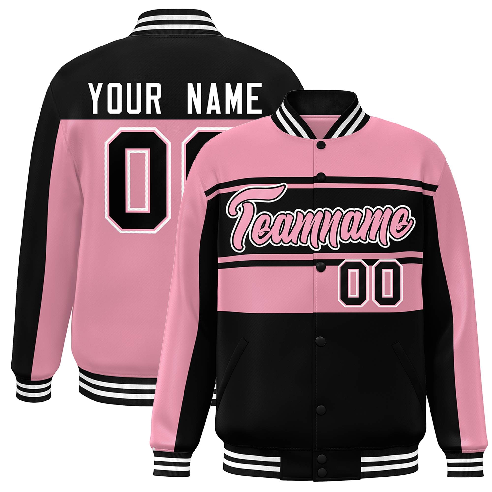 Blouson Bomber Varsity Full-Snap Personnalisé Rose Noir Color Block