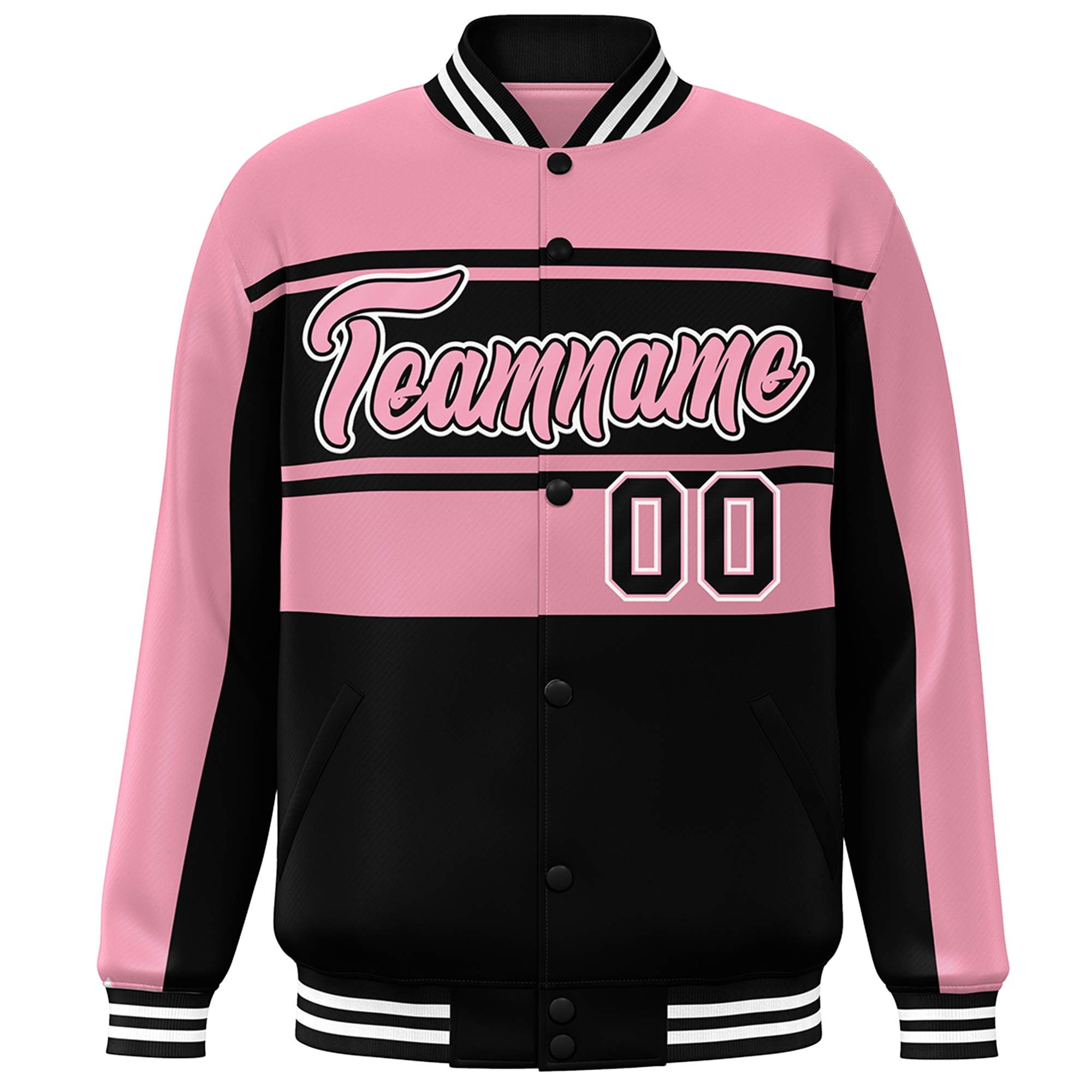 Blouson Bomber Varsity Full-Snap Personnalisé Rose Noir Color Block