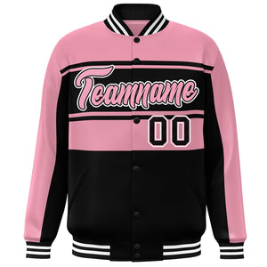 Custom Pink Black Color Block Varsity Full-Snap Bomber Jacket