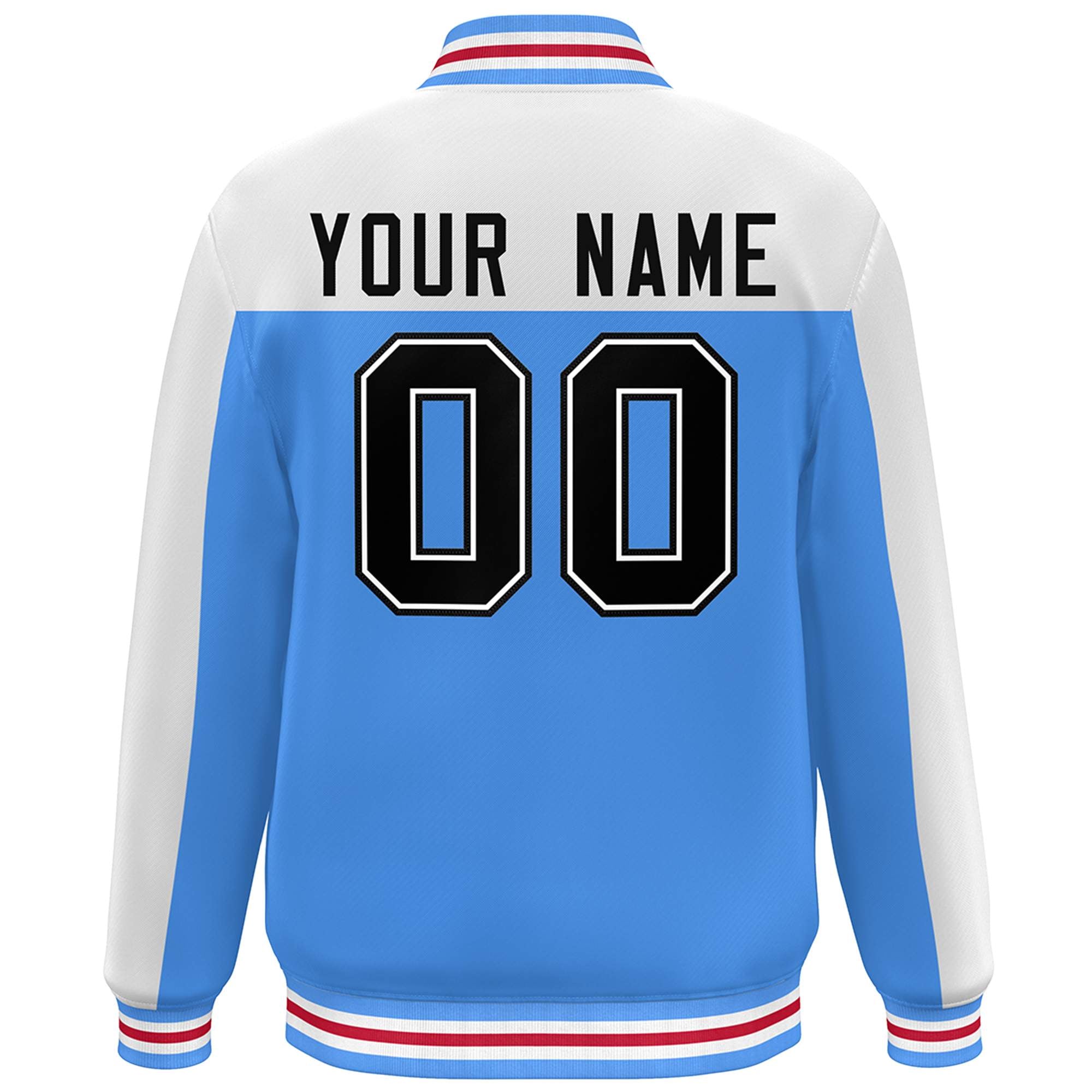 Custom White Powder Blue-Black Color Block Varsity Full-Snap Bomber Jacket