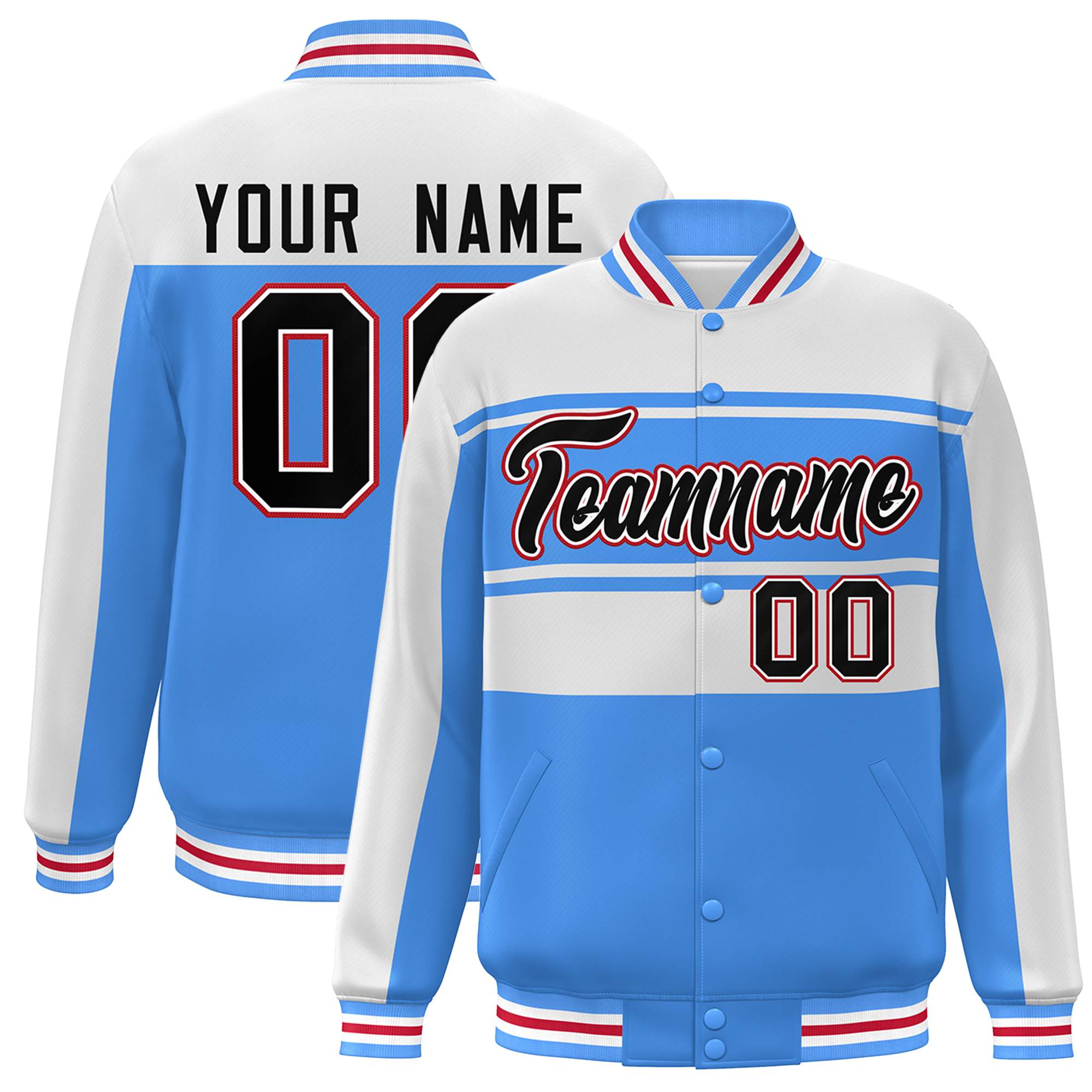 Custom White Powder Blue-Black Color Block Varsity Full-Snap Bomber Jacket