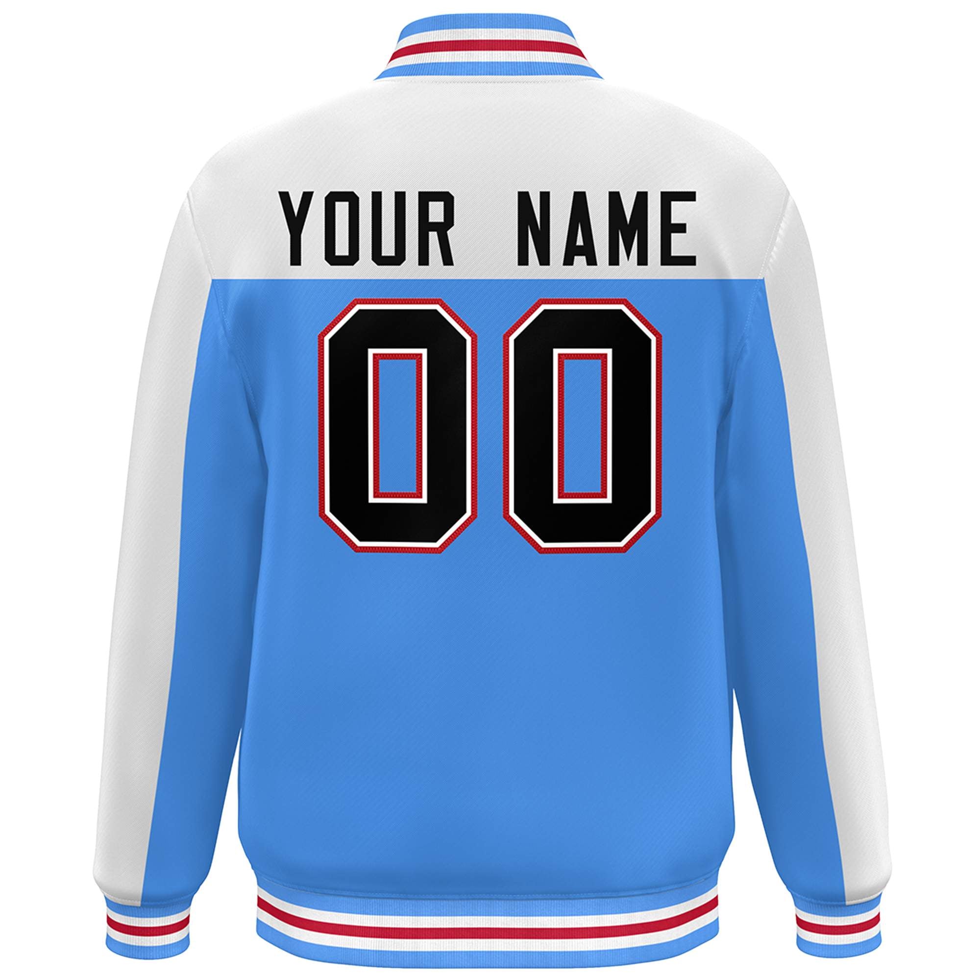 Custom White Powder Blue-Black Color Block Varsity Full-Snap Bomber Jacket