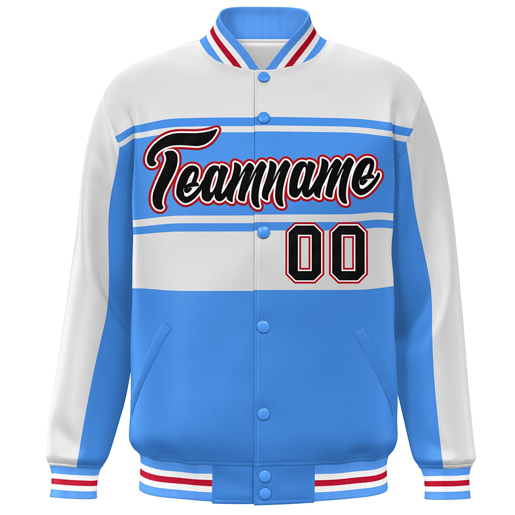 Custom White Powder Blue-Black Color Block Varsity Full-Snap Bomber Jacket