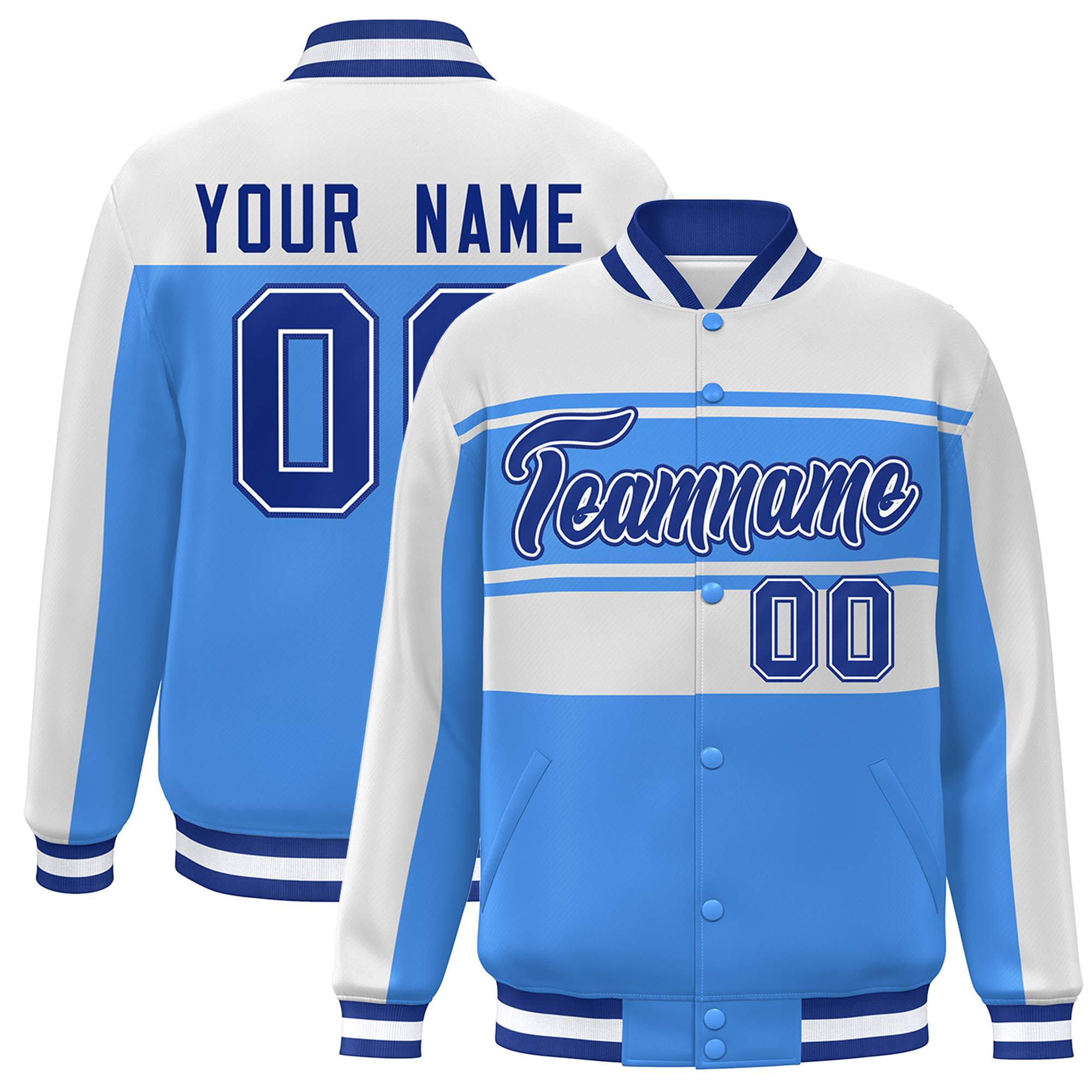 Custom White Powder Blue-Royal Color Block Varsity Full-Snap Bomber Jacket