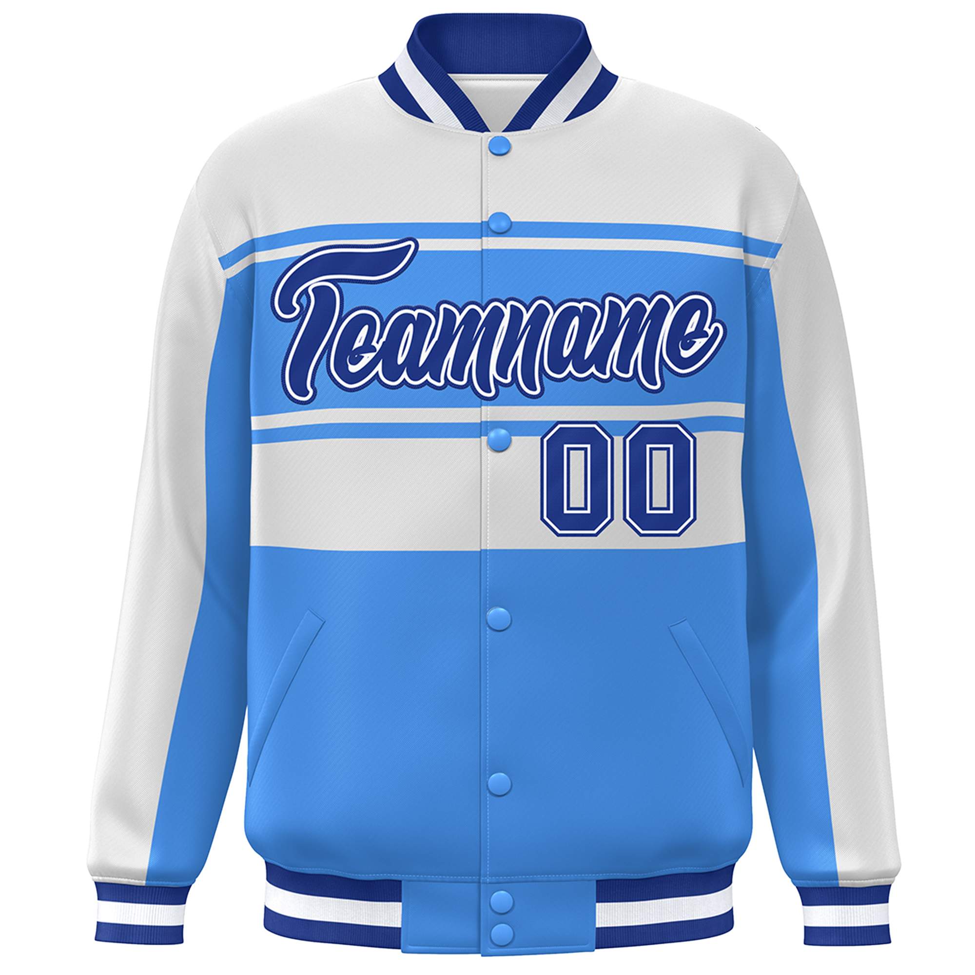 Custom White Powder Blue-Royal Color Block Varsity Full-Snap Bomber Jacket