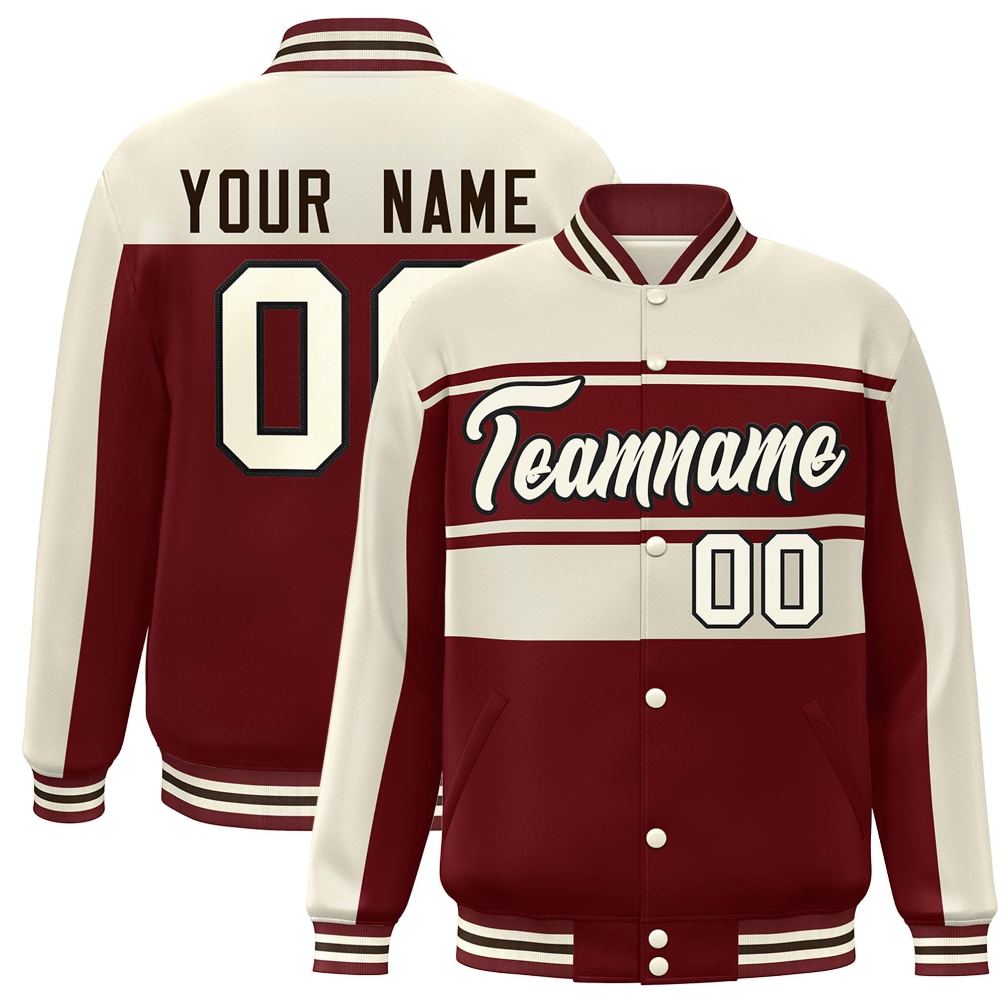 Custom Cream Crimson Color Block Varsity Full-Snap Bomber Jacket