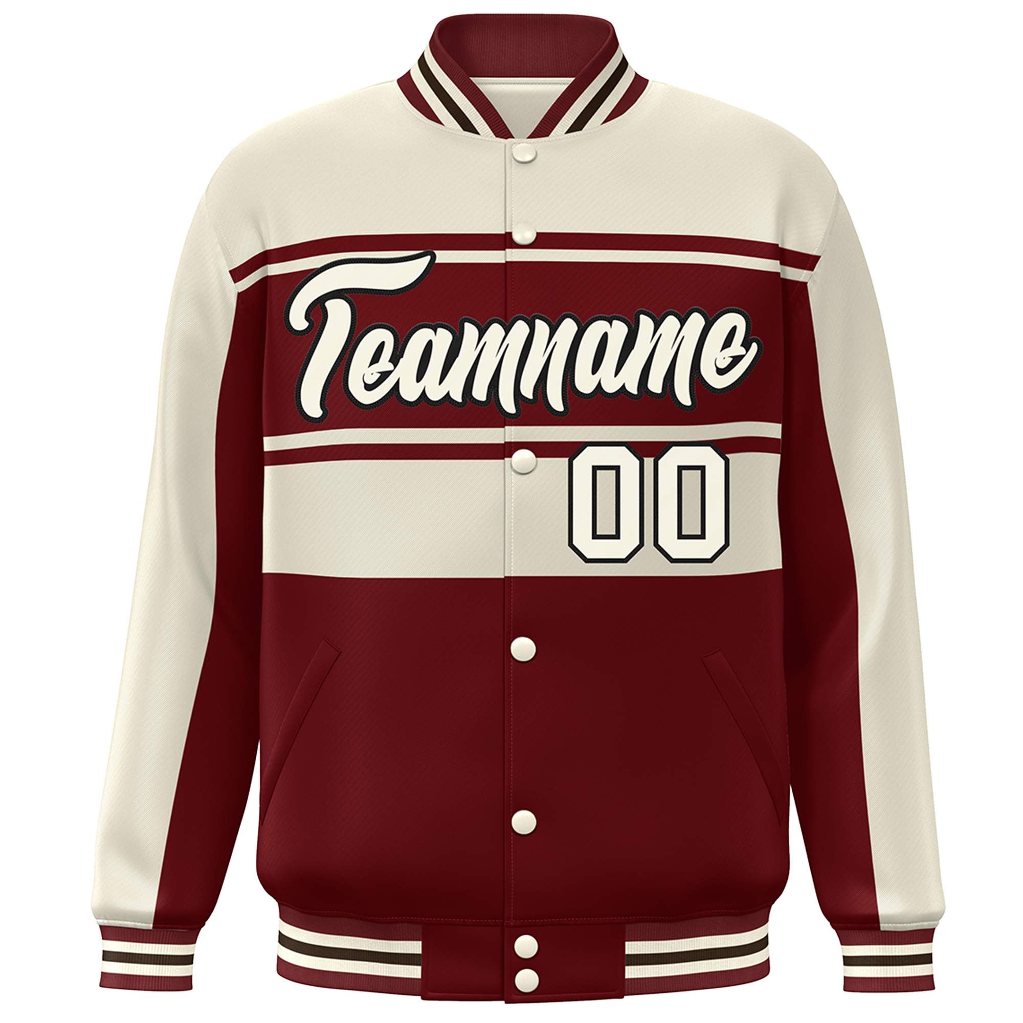 Custom Cream Crimson Color Block Varsity Full-Snap Bomber Jacket