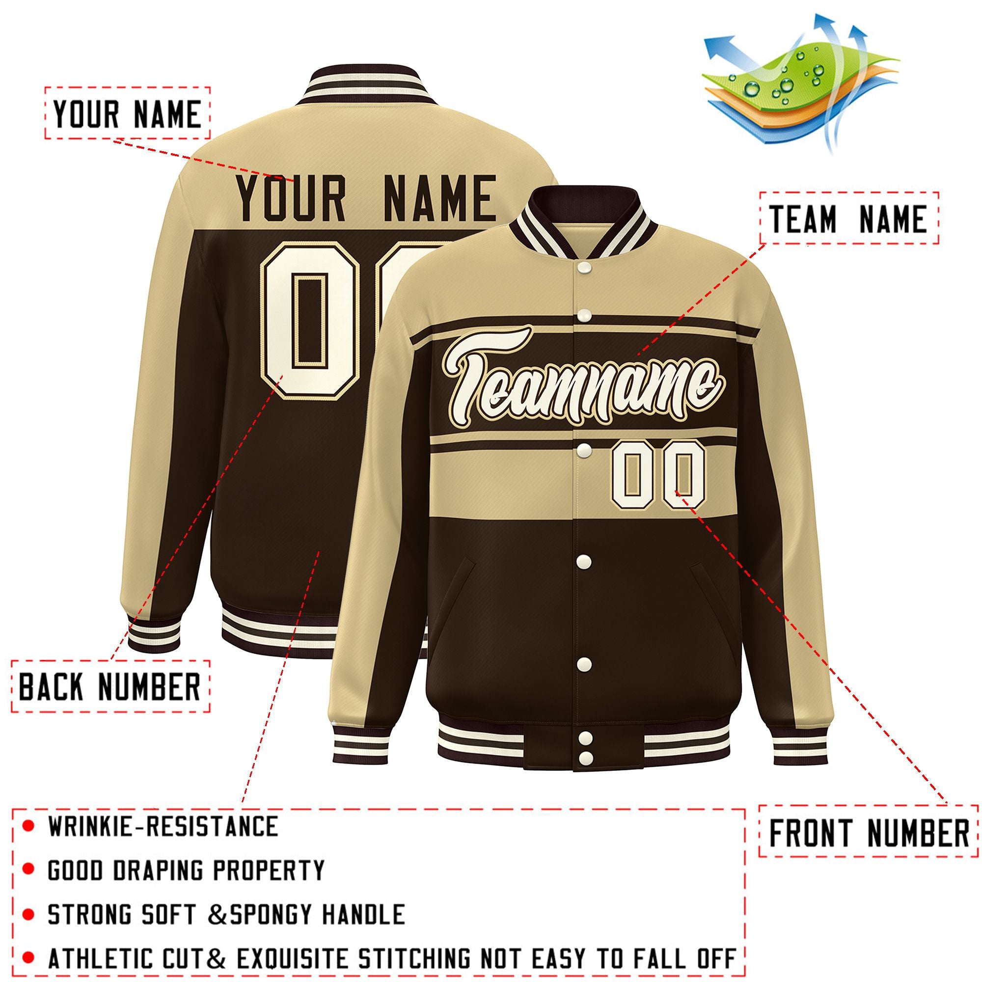 Custom Khaki Brown-Cream Color Block Varsity Full-Snap Bomber Jacket