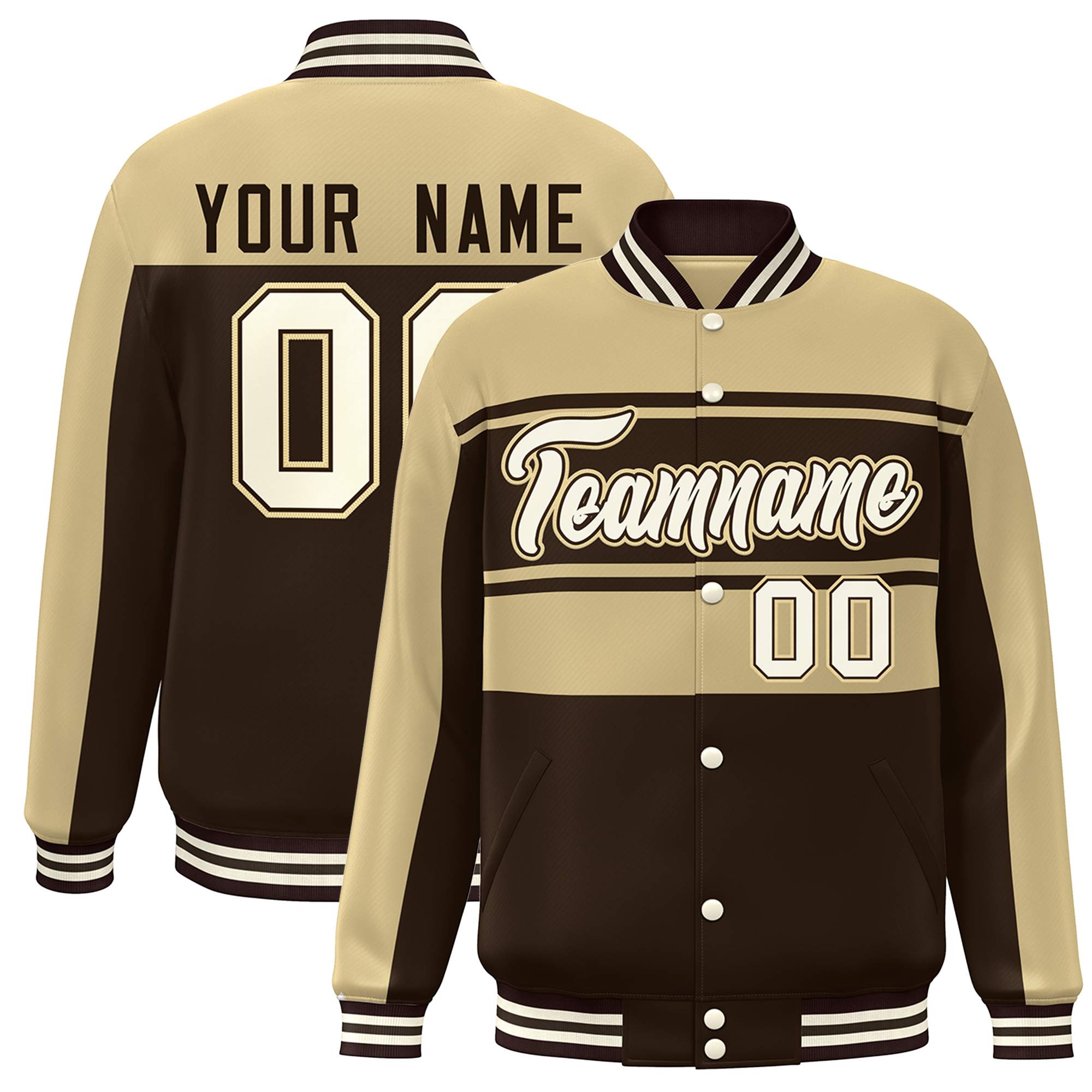 Custom Khaki Brown-Cream Color Block Varsity Full-Snap Bomber Jacket