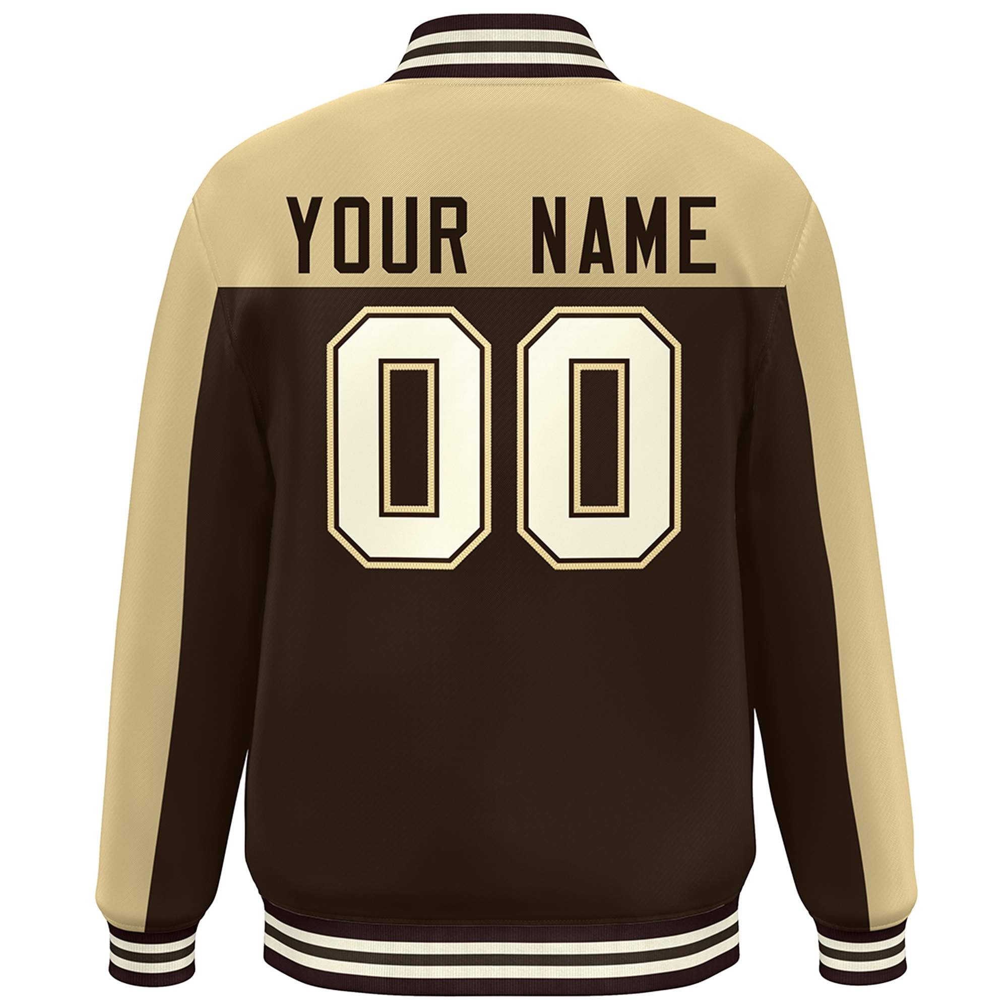 Custom Khaki Brown-Cream Color Block Varsity Full-Snap Bomber Jacket