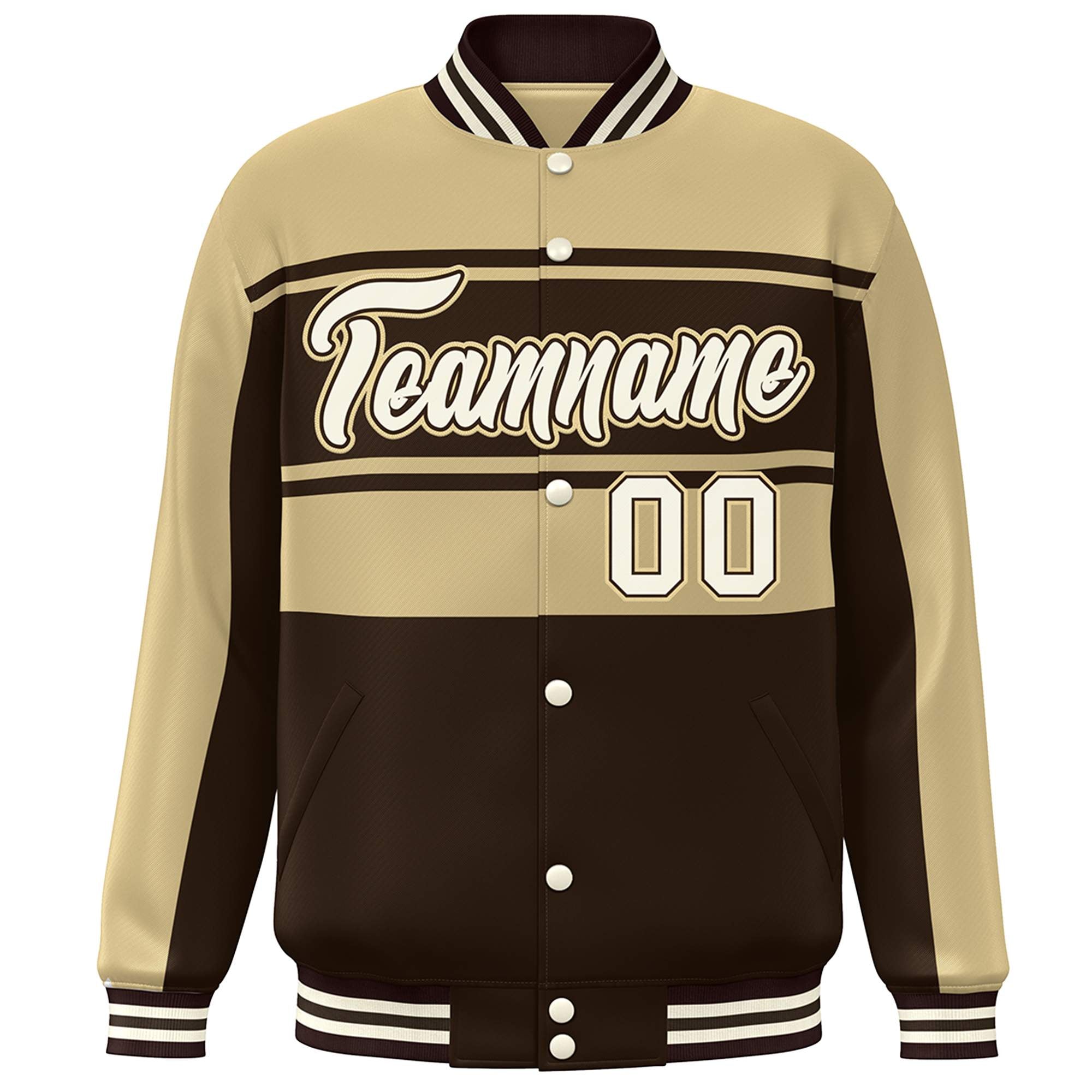 Custom Khaki Brown-Cream Color Block Varsity Full-Snap Bomber Jacket