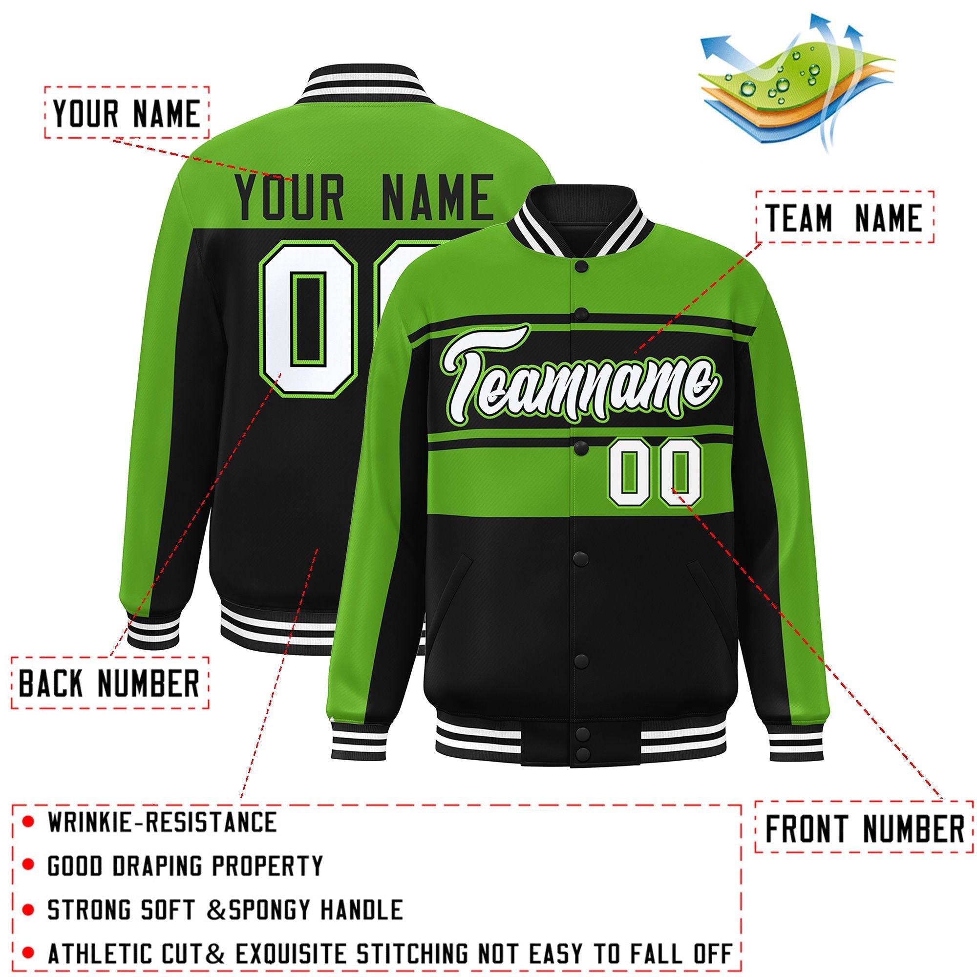 Custom Green Black-White Color Block Varsity Full-Snap Bomber Jacket