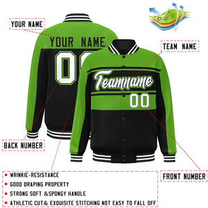 Veste Bomber Varsity Full-Snap Custom Vert Noir-Blanc Color Block