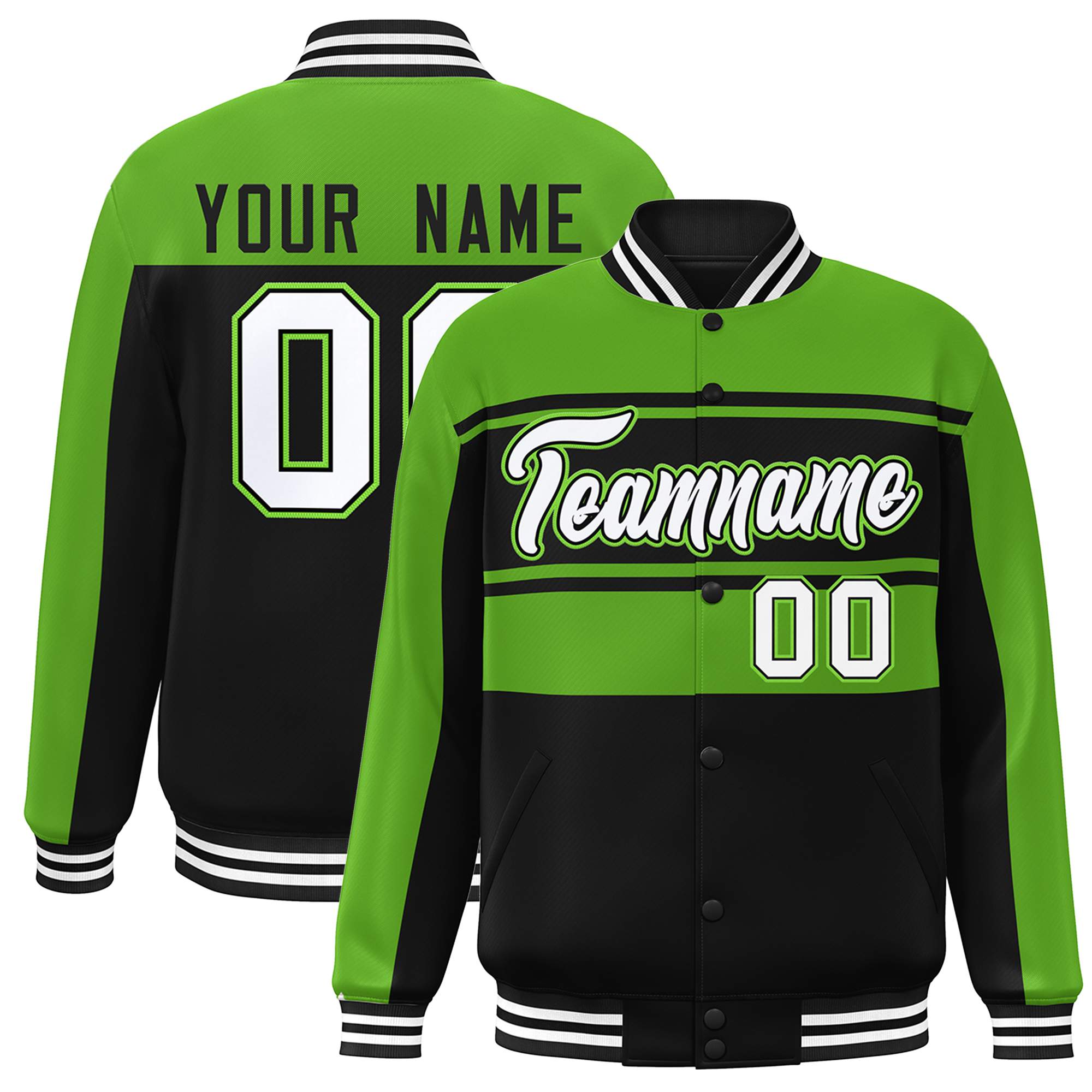 Custom Green Black-White Color Block Varsity Full-Snap Bomber Jacket