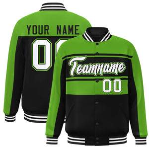 Veste Bomber Varsity Full-Snap Custom Vert Noir-Blanc Color Block