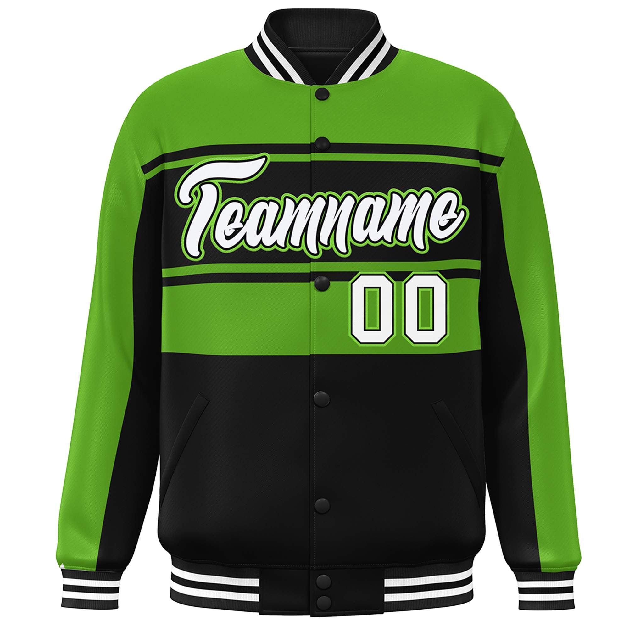 Custom Green Black-White Color Block Varsity Full-Snap Bomber Jacket