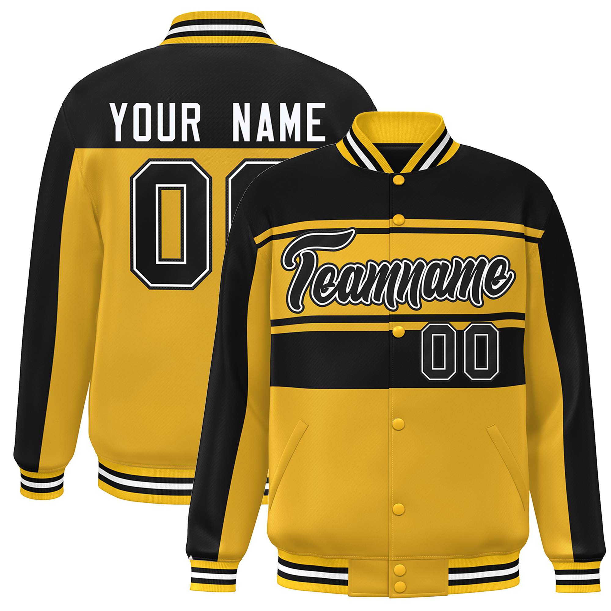 Custom Gold Black Color Block Varsity Full-Snap Bomber Jacket