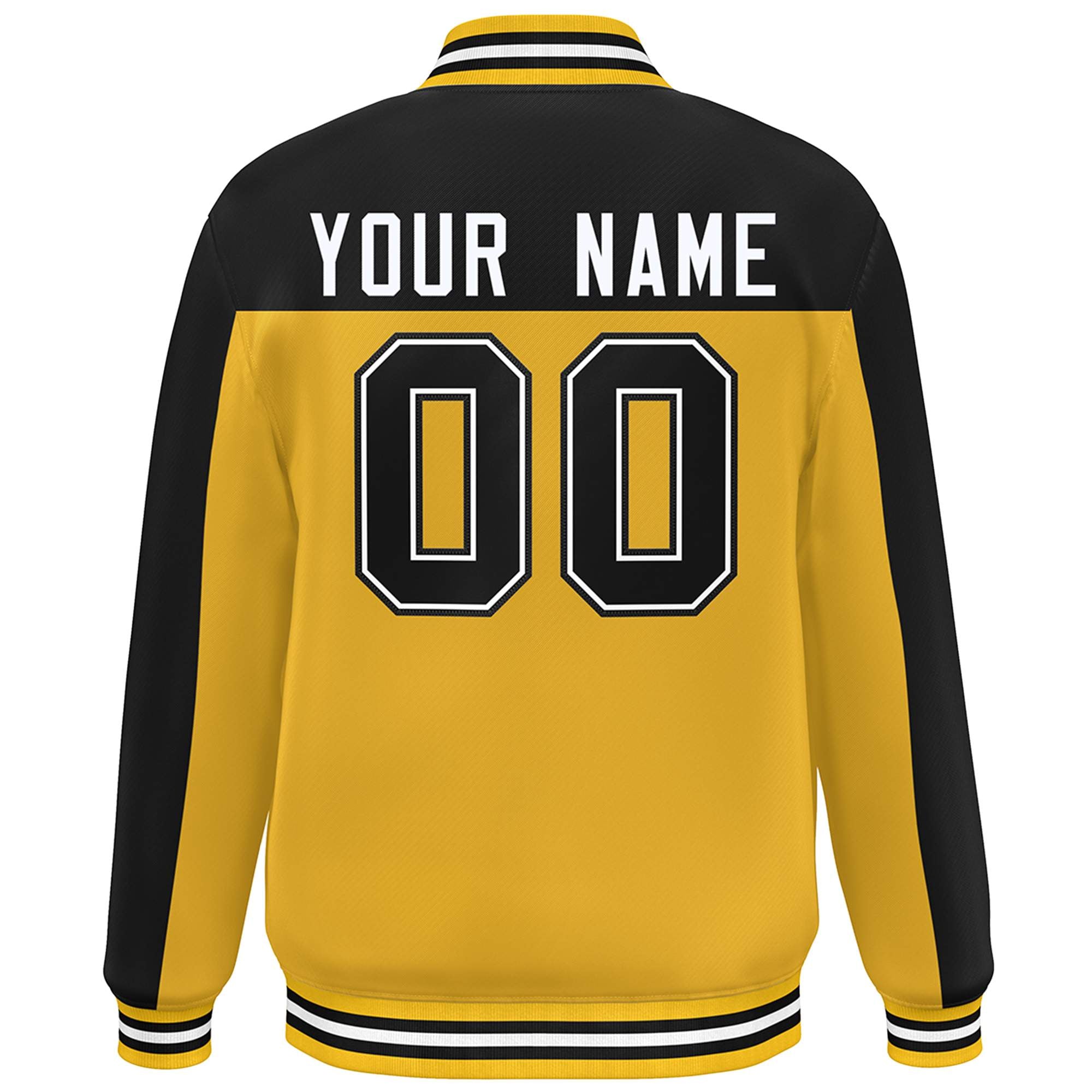 Custom Gold Black Color Block Varsity Full-Snap Bomber Jacket