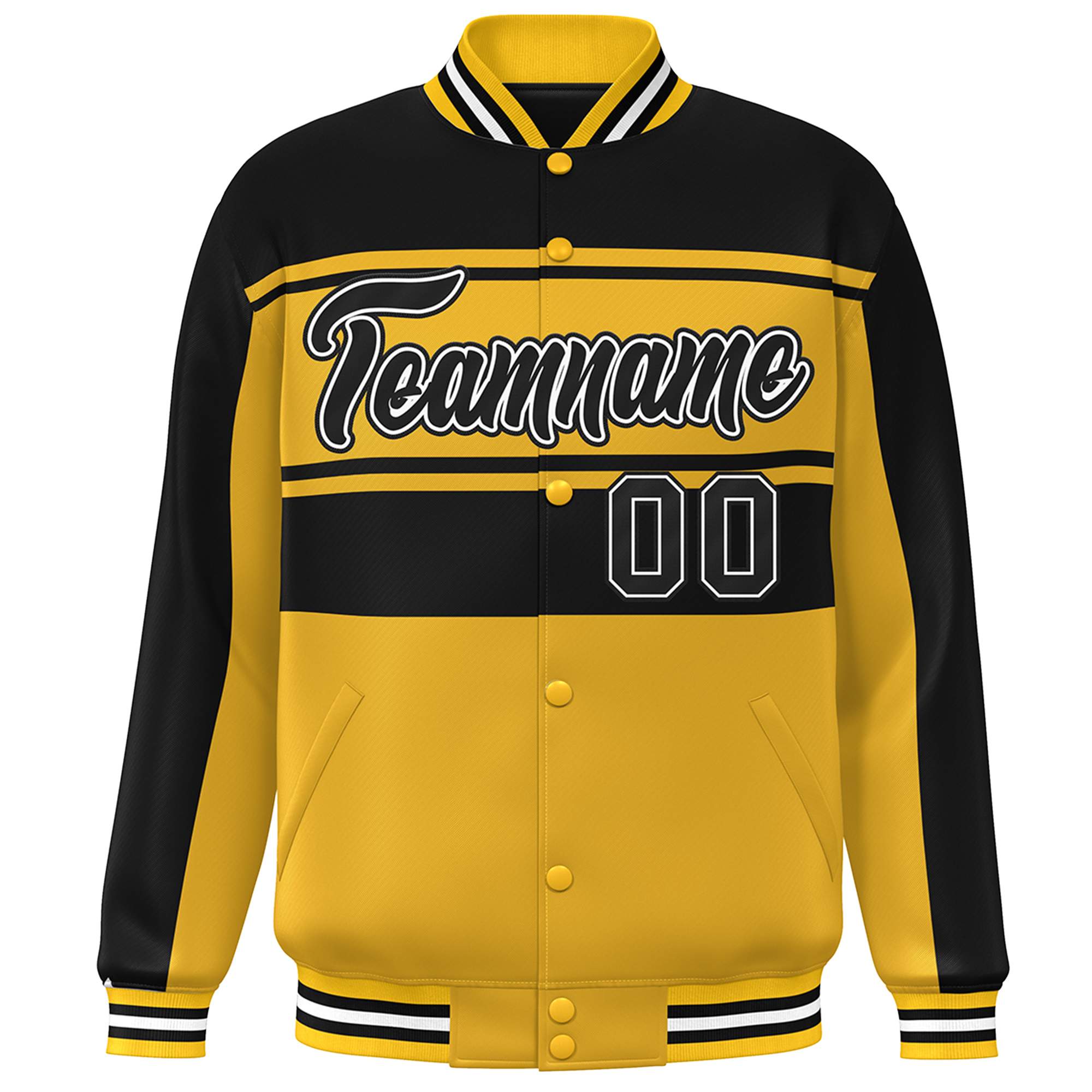 Custom Gold Black Color Block Varsity Full-Snap Bomber Jacket