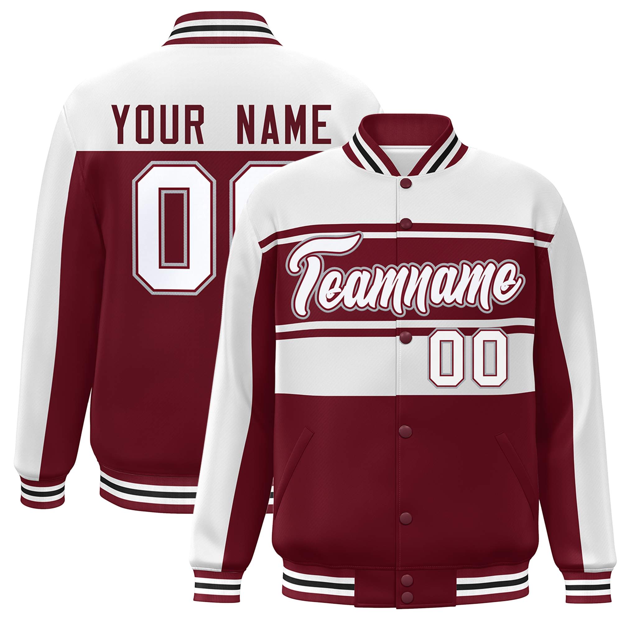 Blouson Bomber Varsity Full-Snap Custom White Crimson Color Block