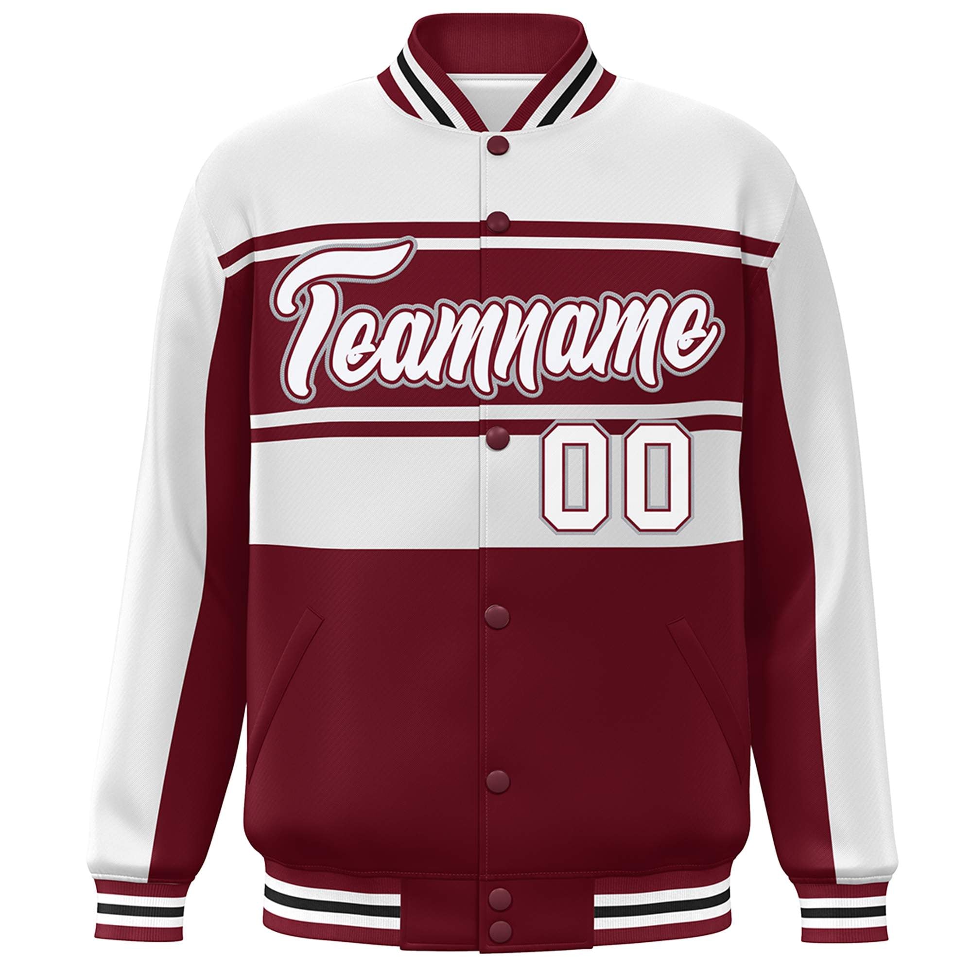 Blouson Bomber Varsity Full-Snap Custom White Crimson Color Block