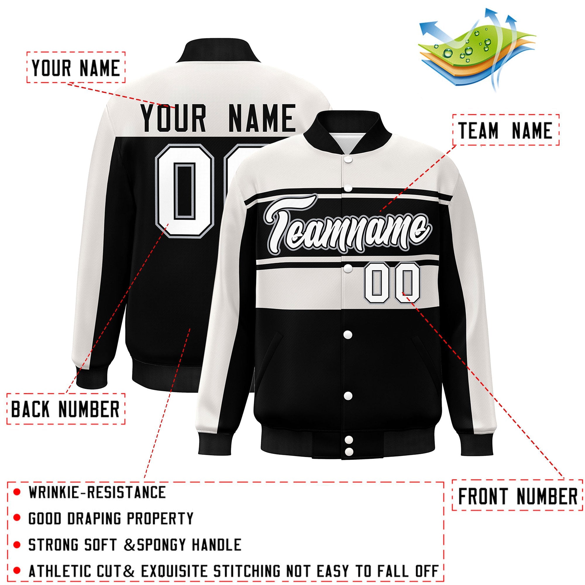 Custom White Black Color Block Varsity Full-Snap Bomber Jacket