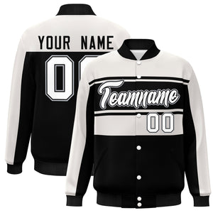 Blouson Bomber Varsity Full-Snap Personnalisé Blanc Noir Color Block