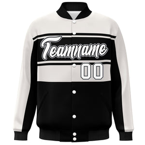 Blouson Bomber Varsity Full-Snap Personnalisé Blanc Noir Color Block