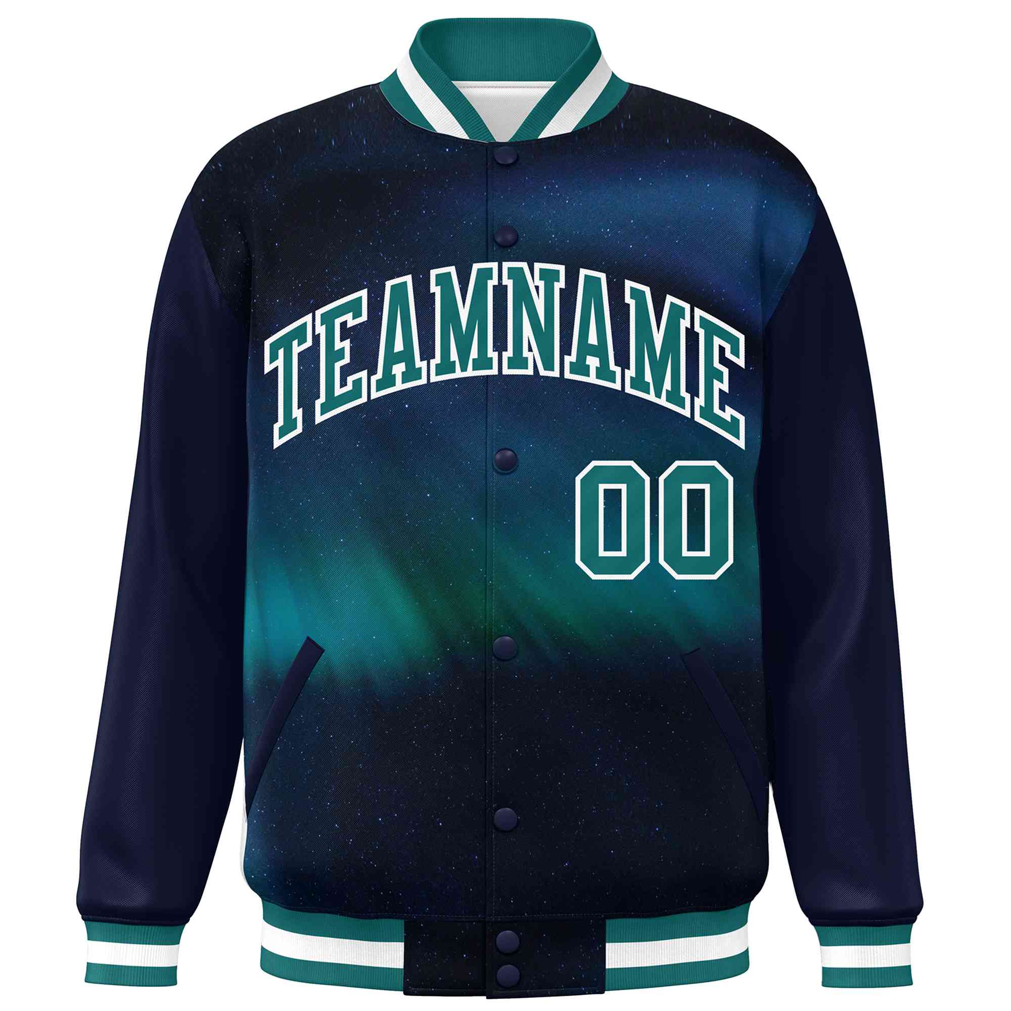 Custom Navy Aqua-White Tie Dye Ink Paint Varsity Graffiti Pattern Letterman Jacket