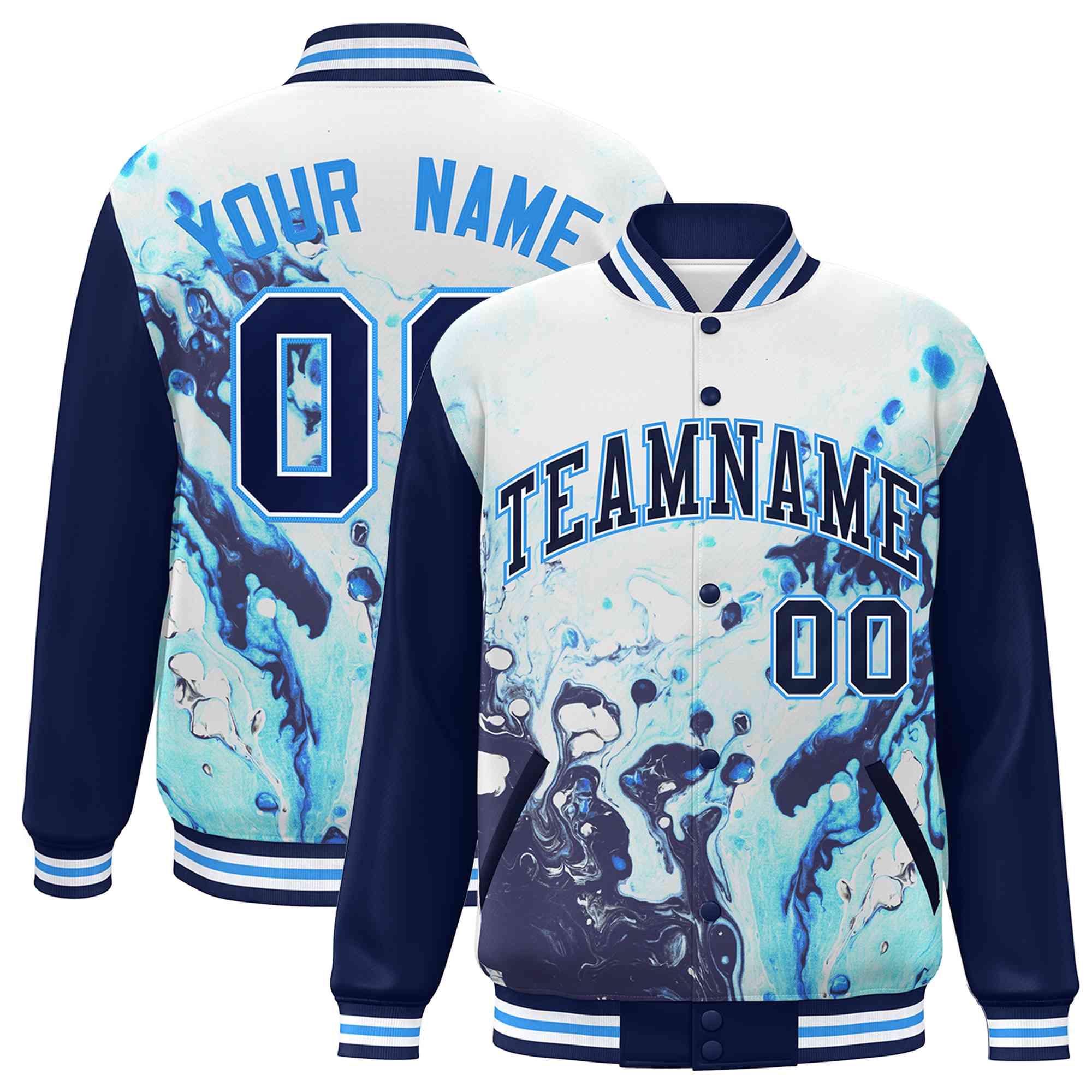 Custom Navy Royal-White Tie Dye Ink Paint Varsity Graffiti Pattern Letterman Jacket