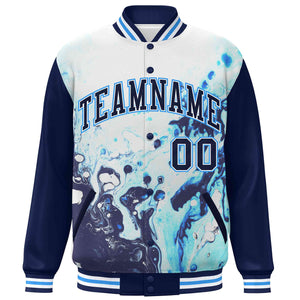 Custom Navy Royal-White Tie Dye Ink Paint Varsity Graffiti Pattern Letterman Jacket