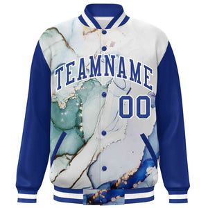 Custom Royal White Tie Dye Ink Paint Varsity Graffiti Pattern Letterman Jacket