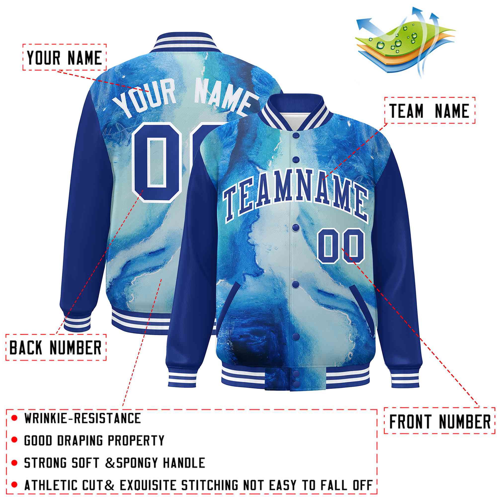 Custom Royal White Tie Dye Ink Paint Varsity Graffiti Pattern Letterman Jacket