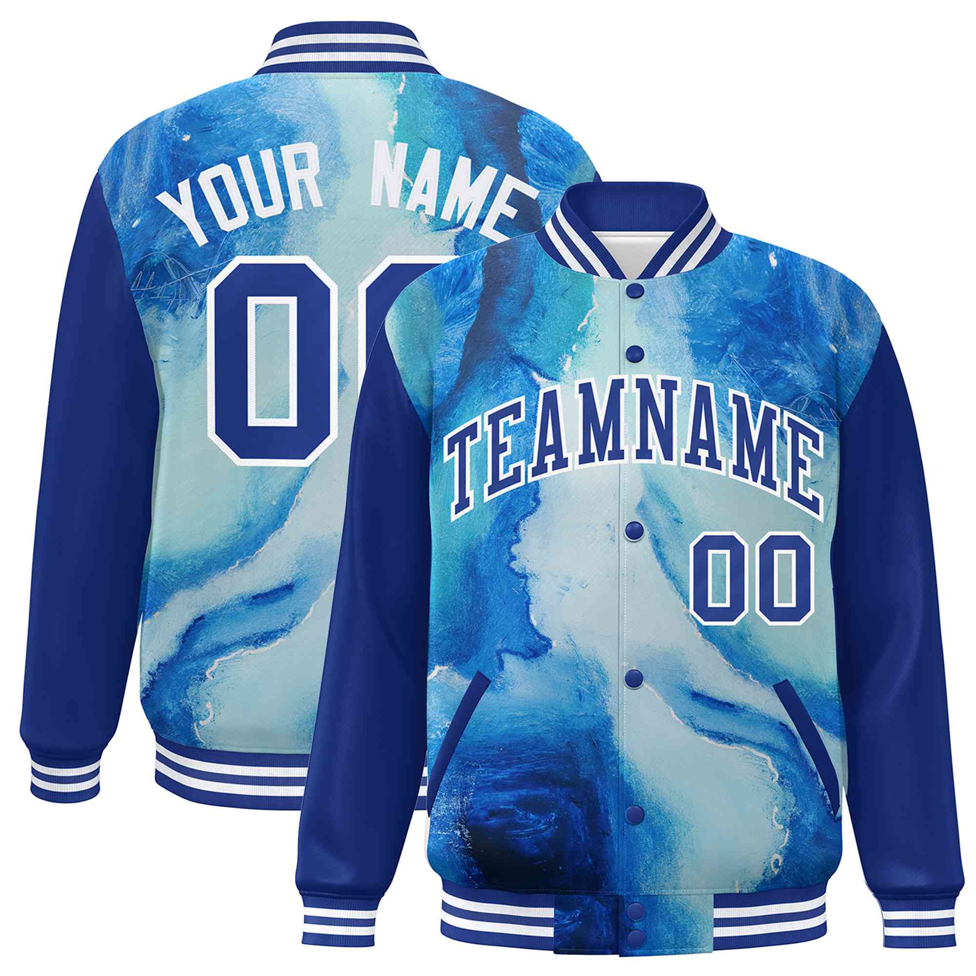 Custom Royal White Tie Dye Ink Paint Varsity Graffiti Pattern Letterman Jacket