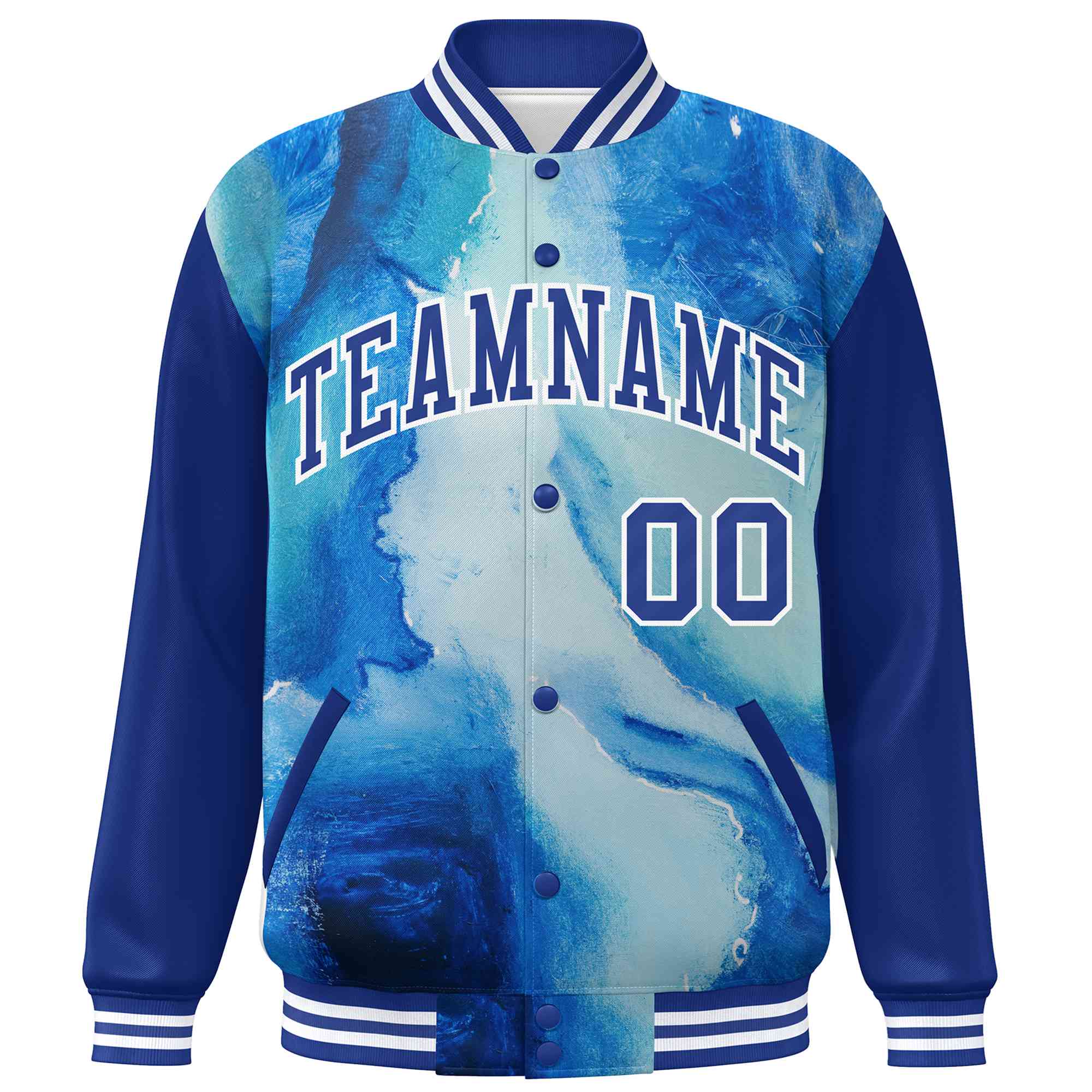 Custom Royal White Tie Dye Ink Paint Varsity Graffiti Pattern Letterman Jacket