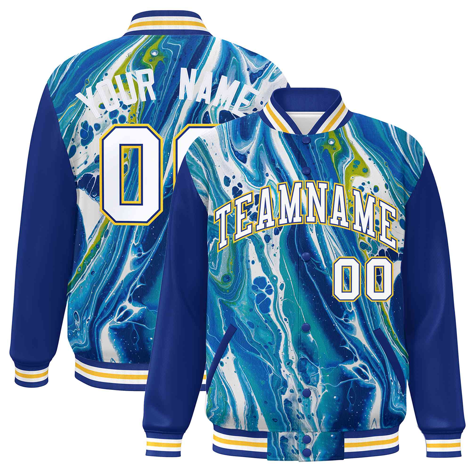 Custom Royal Gold-White Tie Dye Ink Paint Varsity Graffiti Pattern Letterman Jacket