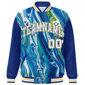 Custom Royal Gold-White Tie Dye Ink Paint Varsity Graffiti Pattern Letterman Jacket