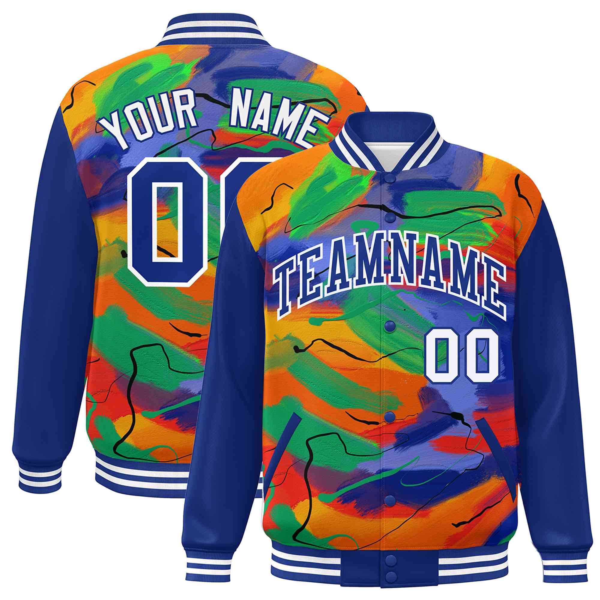 Custom Royal White Tie Dye Ink Paint Varsity Graffiti Pattern Letterman Jacket