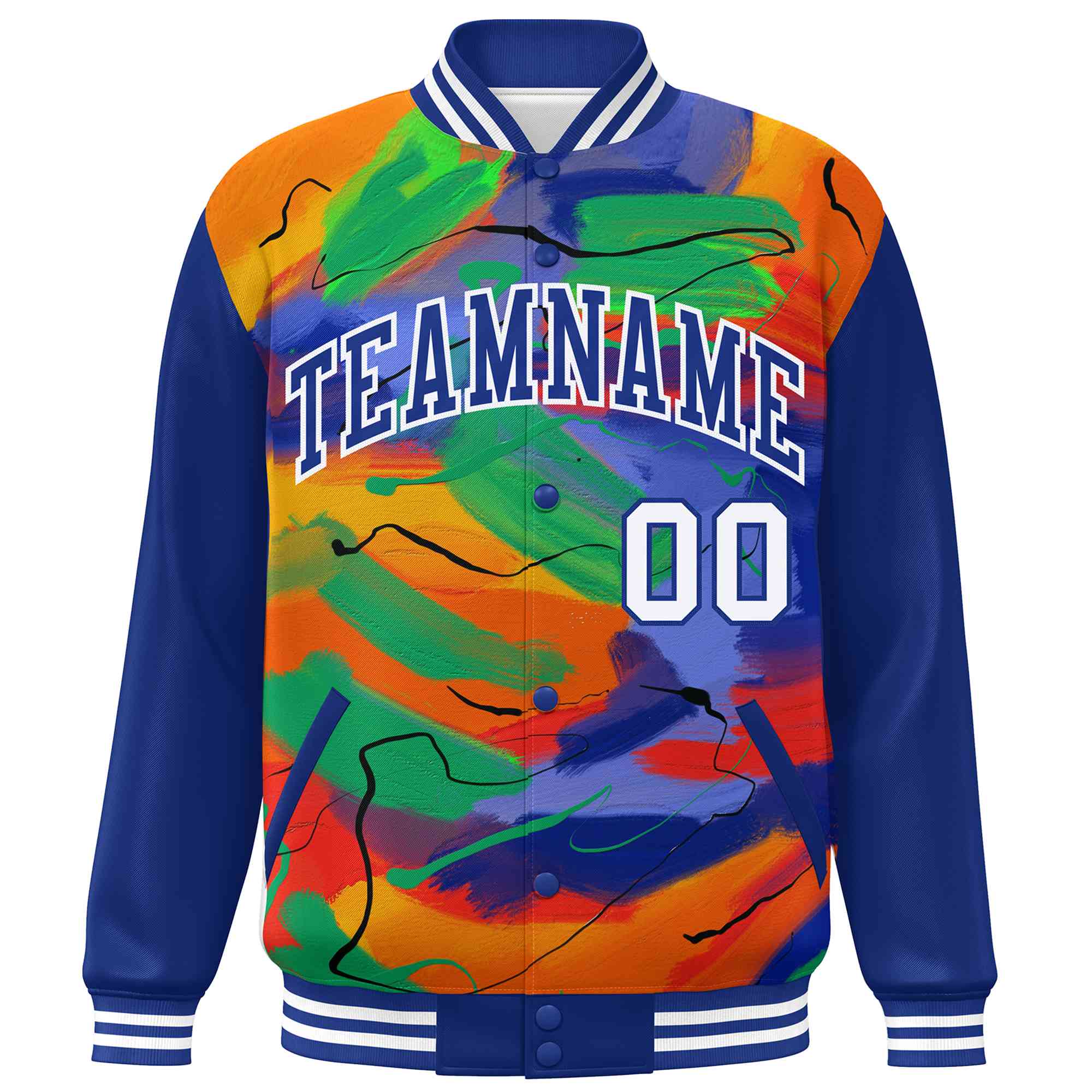 Custom Royal White Tie Dye Ink Paint Varsity Graffiti Pattern Letterman Jacket