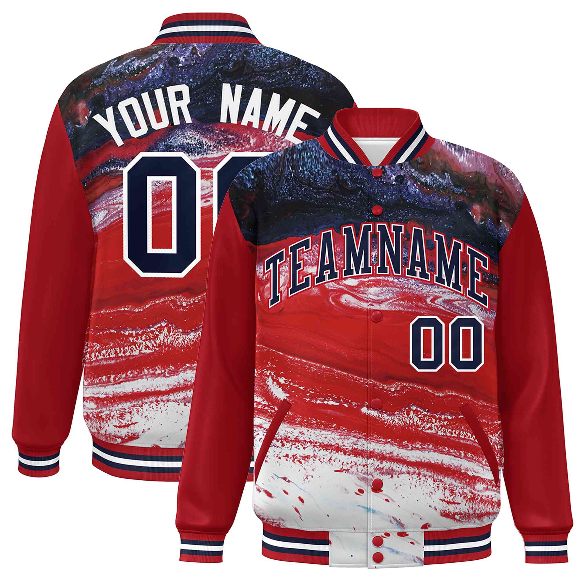 Custom Red Navy-White Tie Dye Ink Paint Varsity Graffiti Pattern Letterman Jacket