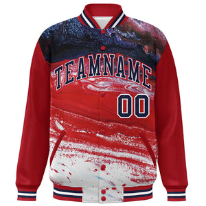 Custom Red Navy-White Tie Dye Ink Paint Varsity Graffiti Pattern Letterman Jacket