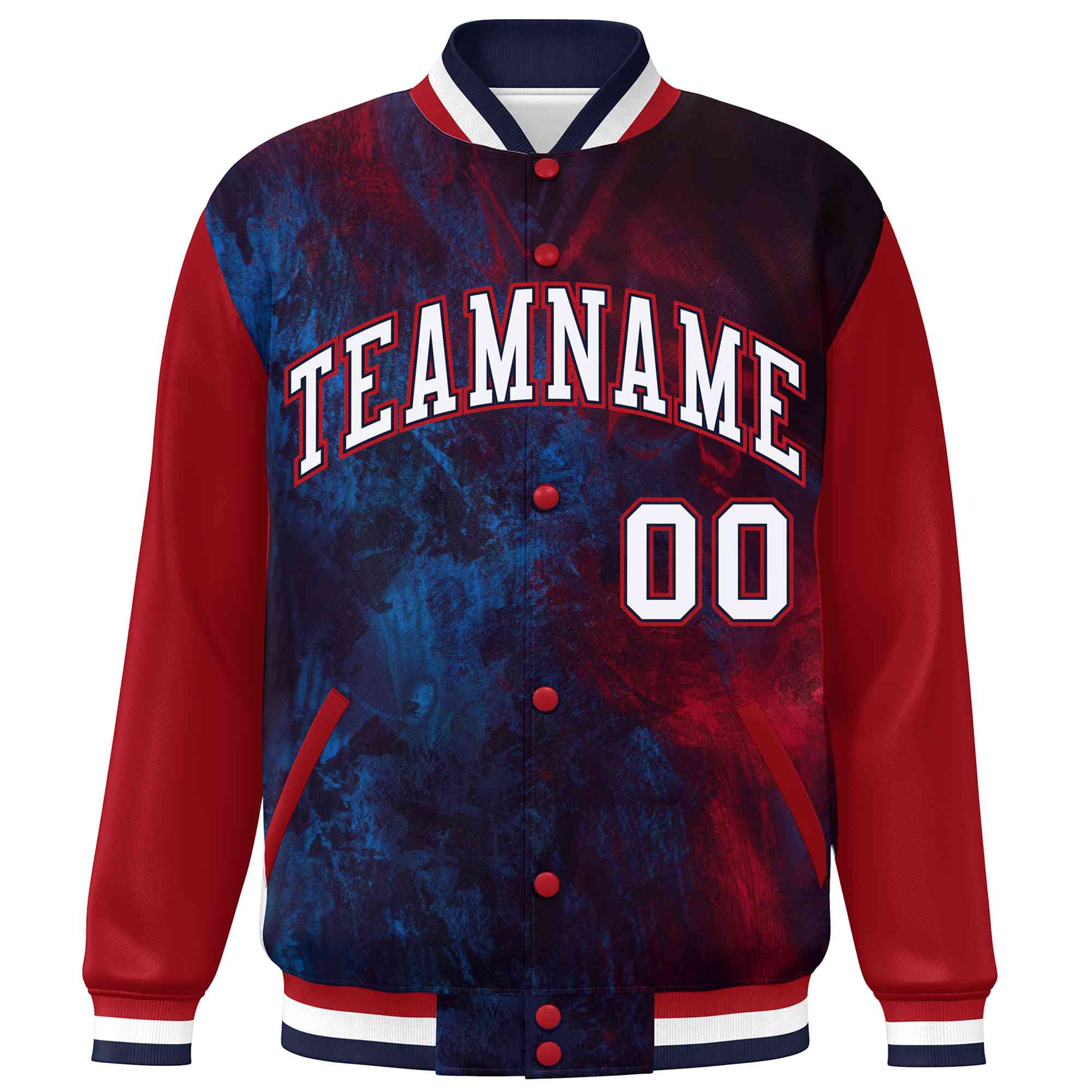 Custom Red White-Navy Tie Dye Ink Paint Varsity Graffiti Pattern Letterman Jacket