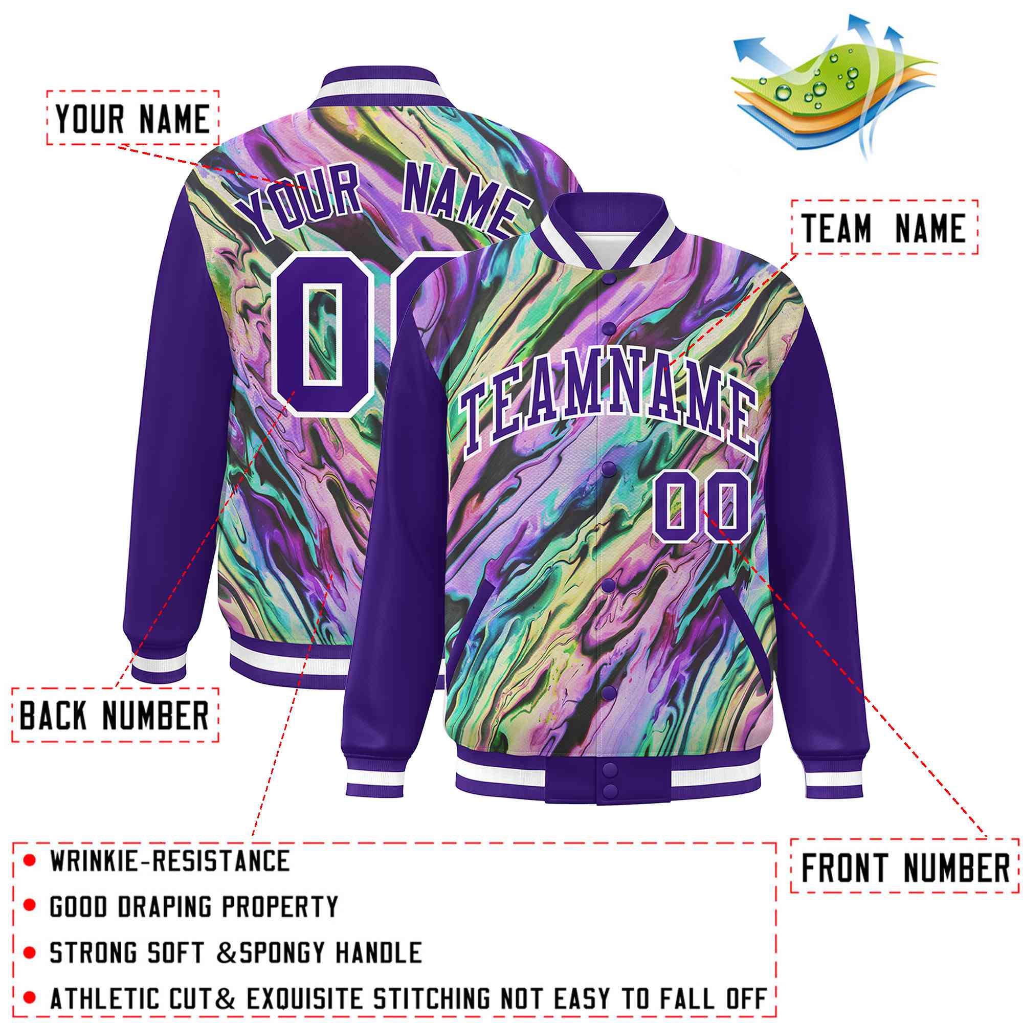 Custom Purple White Tie Dye Ink Paint Varsity Graffiti Pattern Letterman Jacket