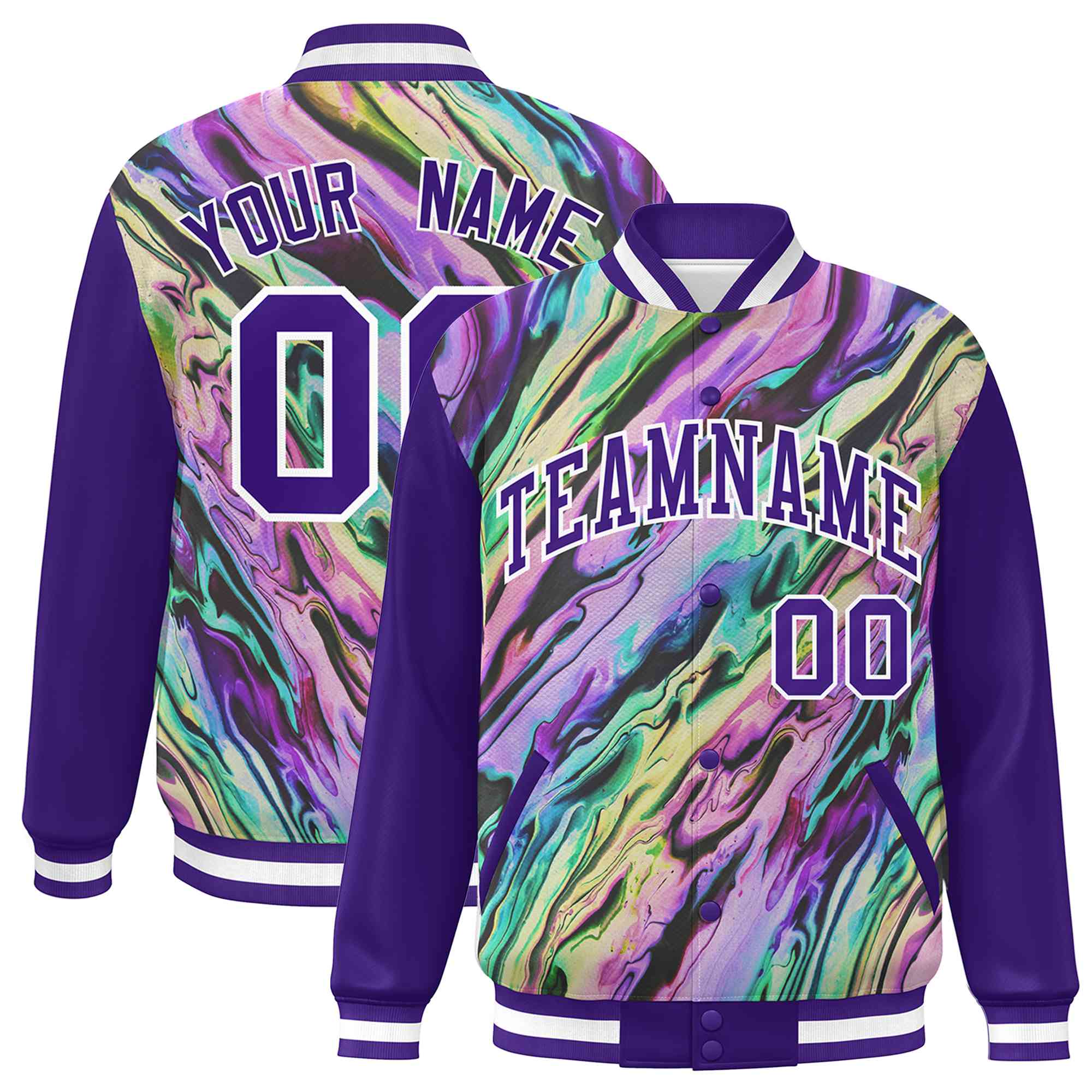 Custom Purple White Tie Dye Ink Paint Varsity Graffiti Pattern Letterman Jacket