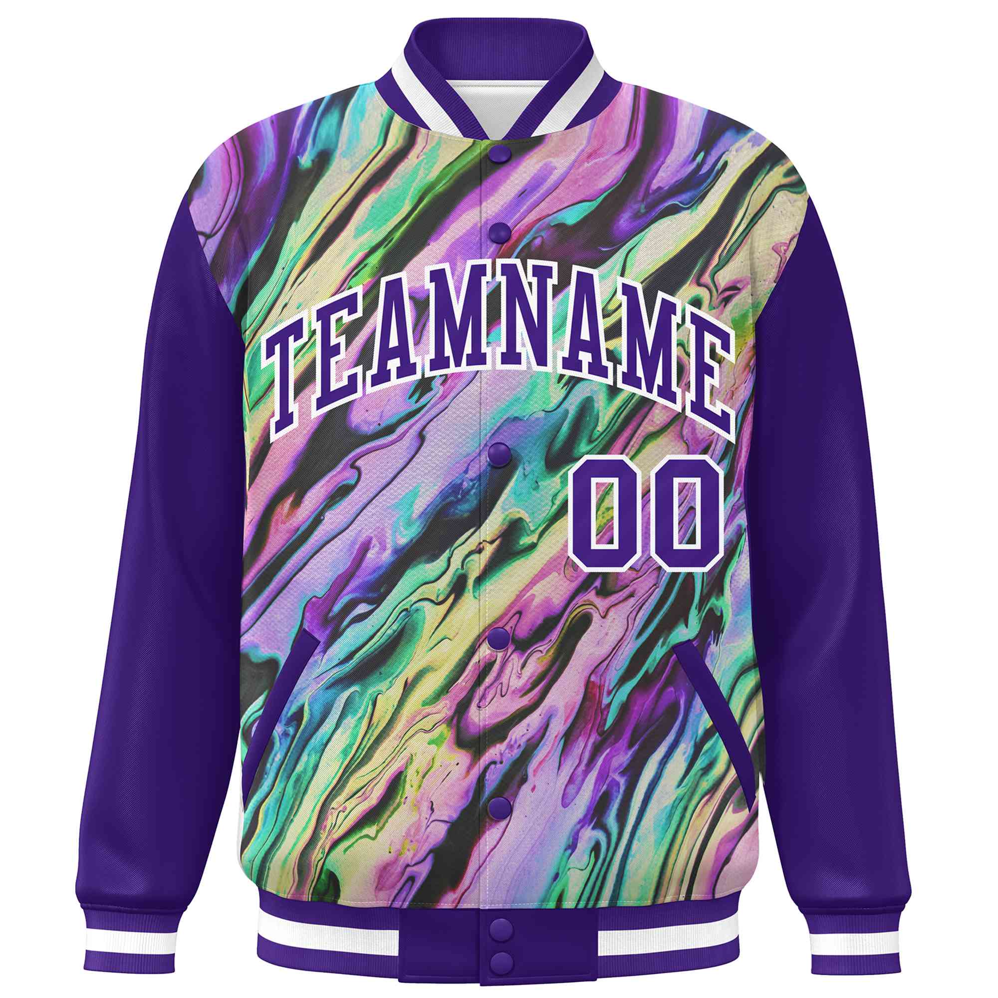 Custom Purple White Tie Dye Ink Paint Varsity Graffiti Pattern Letterman Jacket