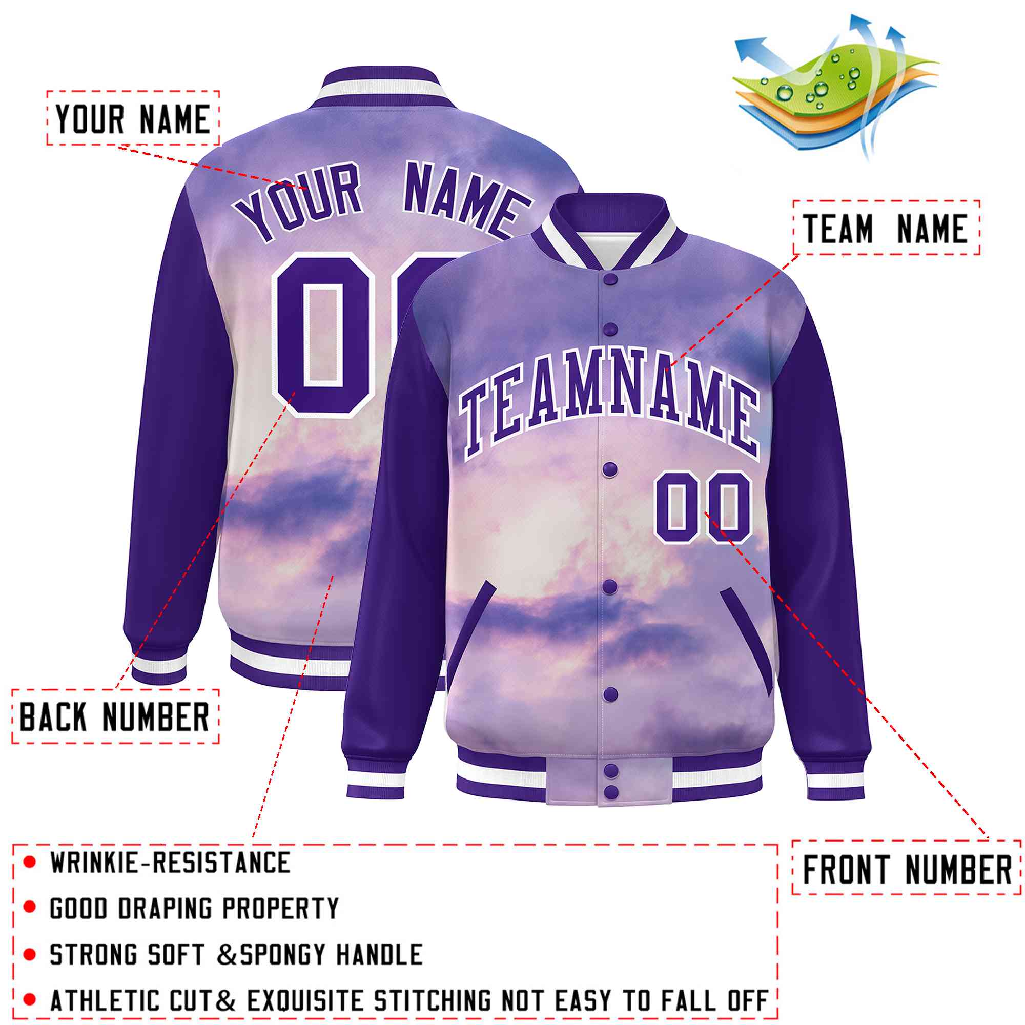 Custom Purple White Tie Dye Ink Paint Varsity Graffiti Pattern Letterman Jacket